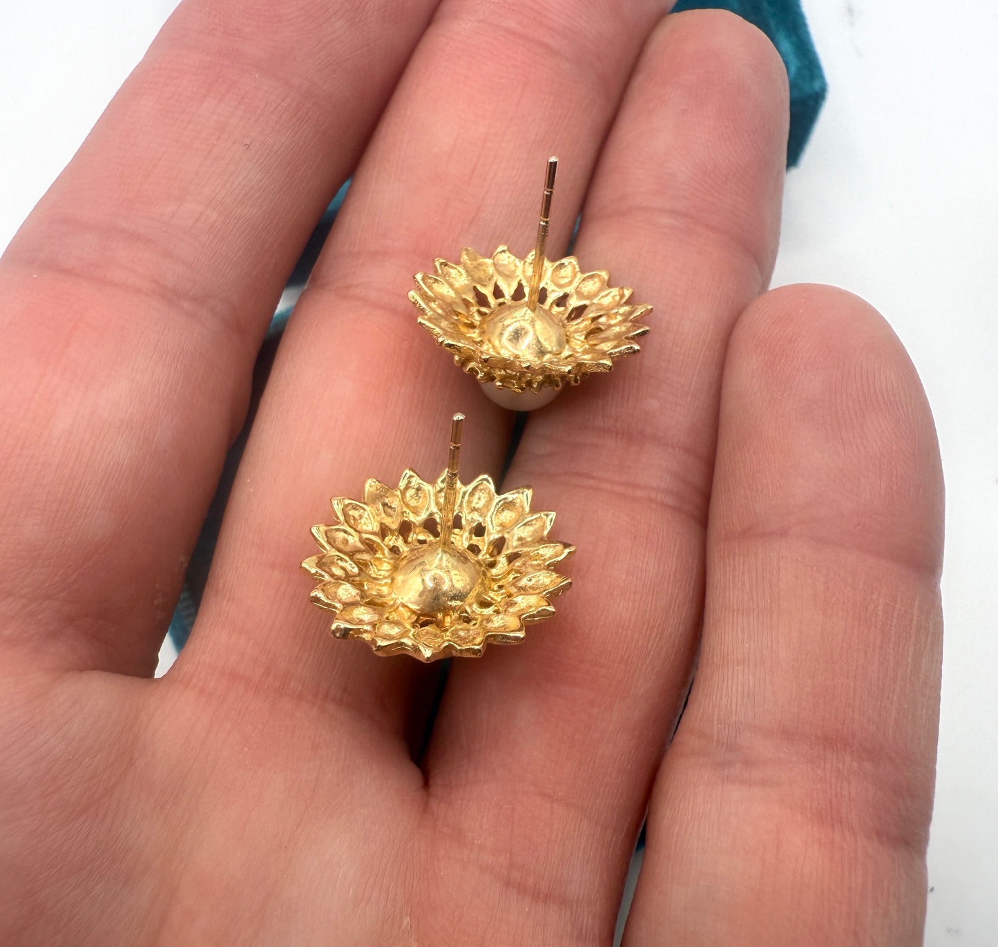 14K Gold Sunburst Pearl and Spinel Earring