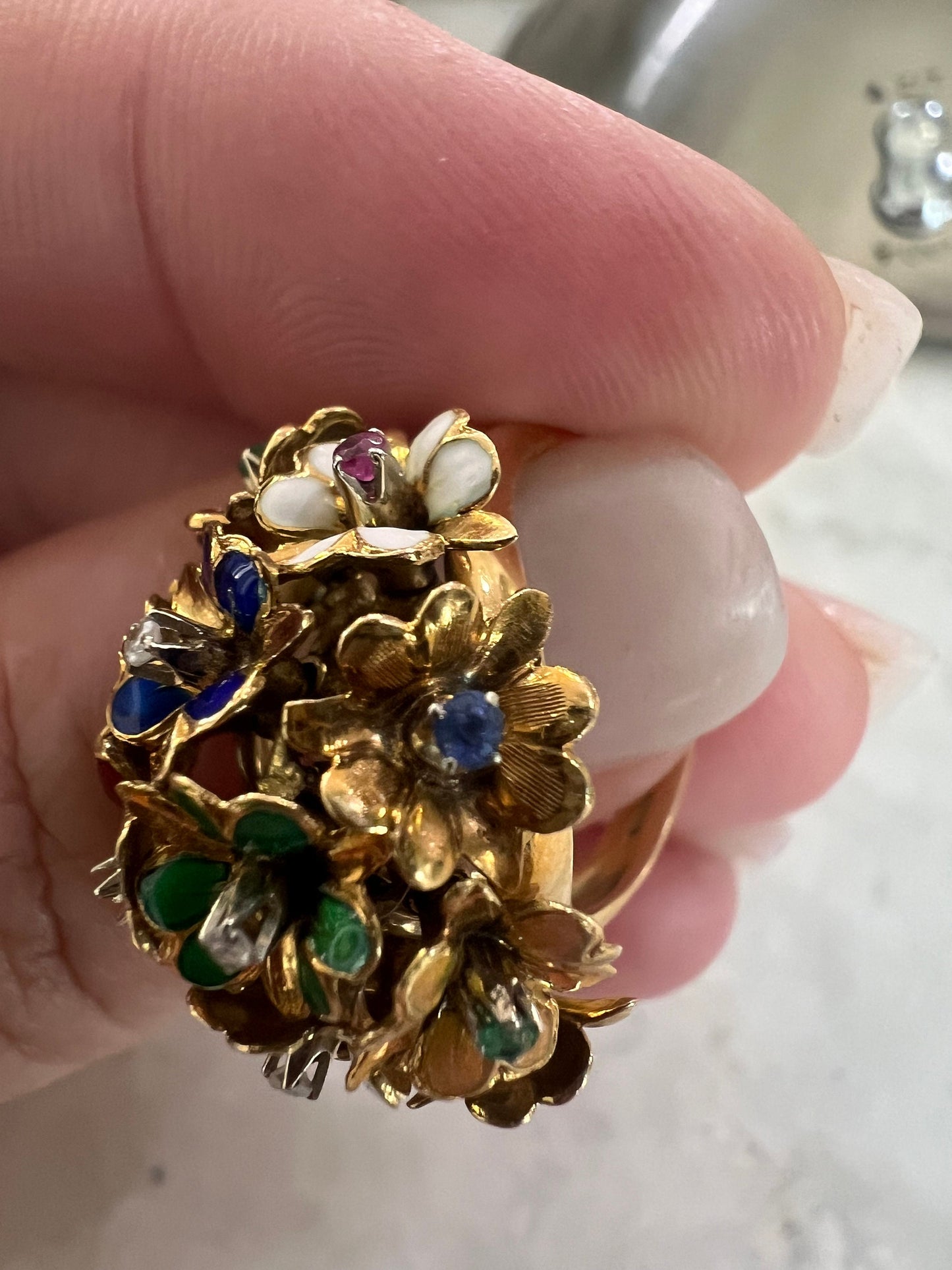 Antique Flower Enamel Ring 18Kt from Italy