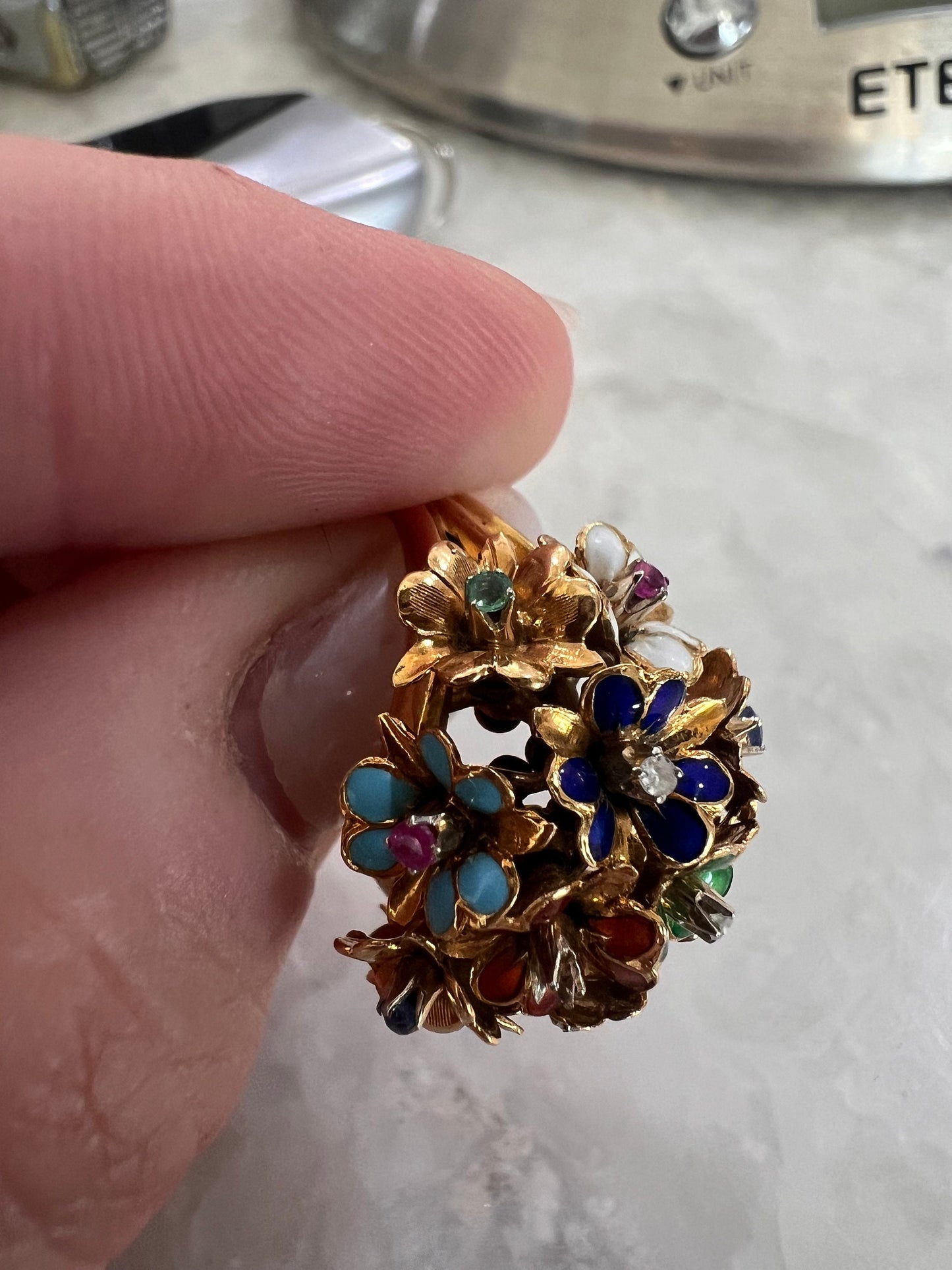 Antique Flower Enamel Ring 18Kt from Italy