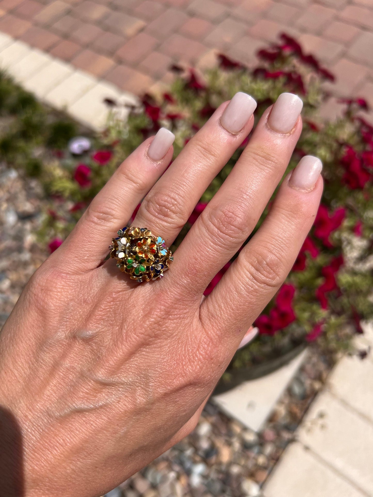 Antique Flower Enamel Ring 18Kt from Italy