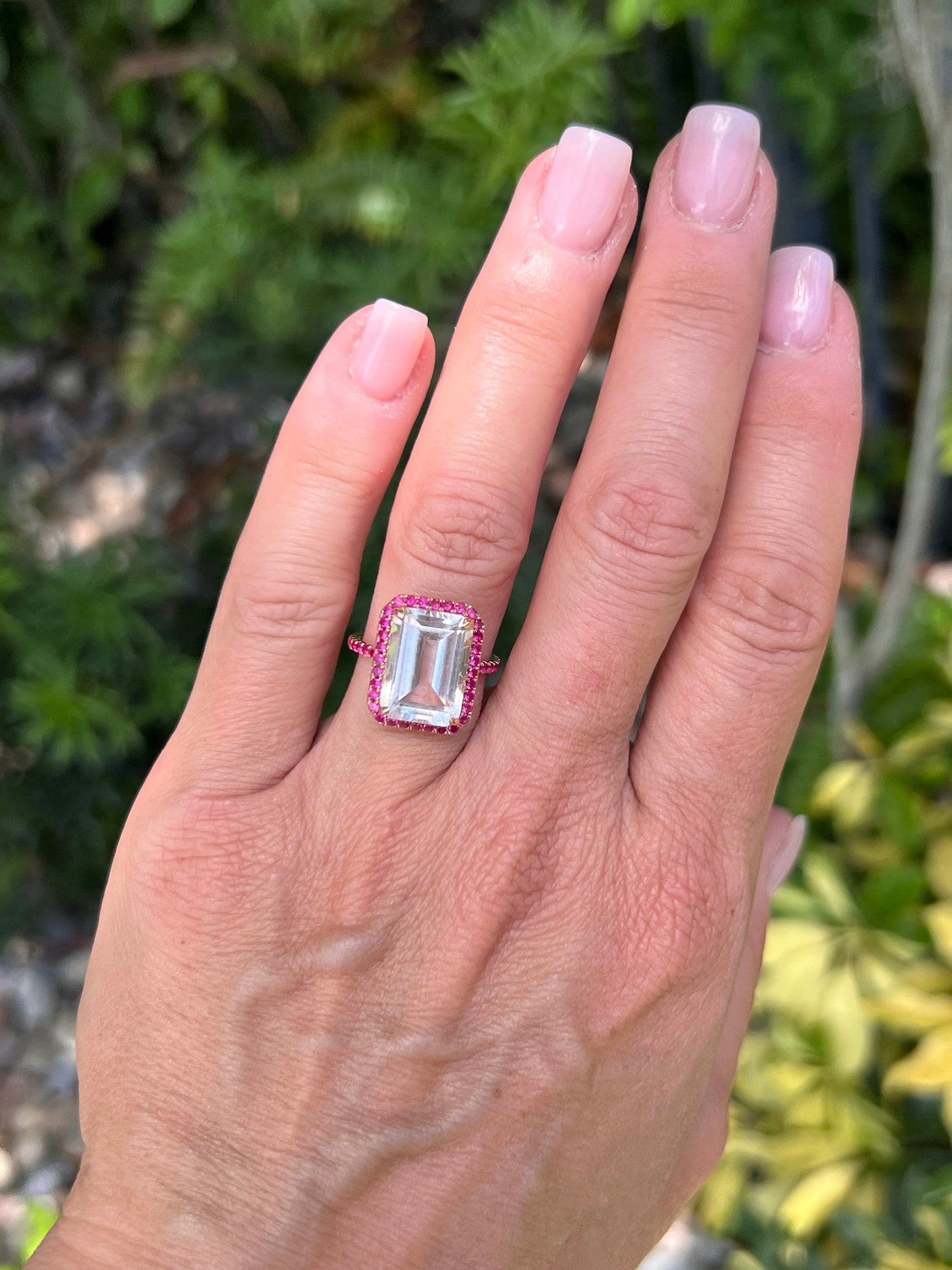 Emerald cut White Quartz with a ruby Ruby halo set in 14k rose gold by EFFY