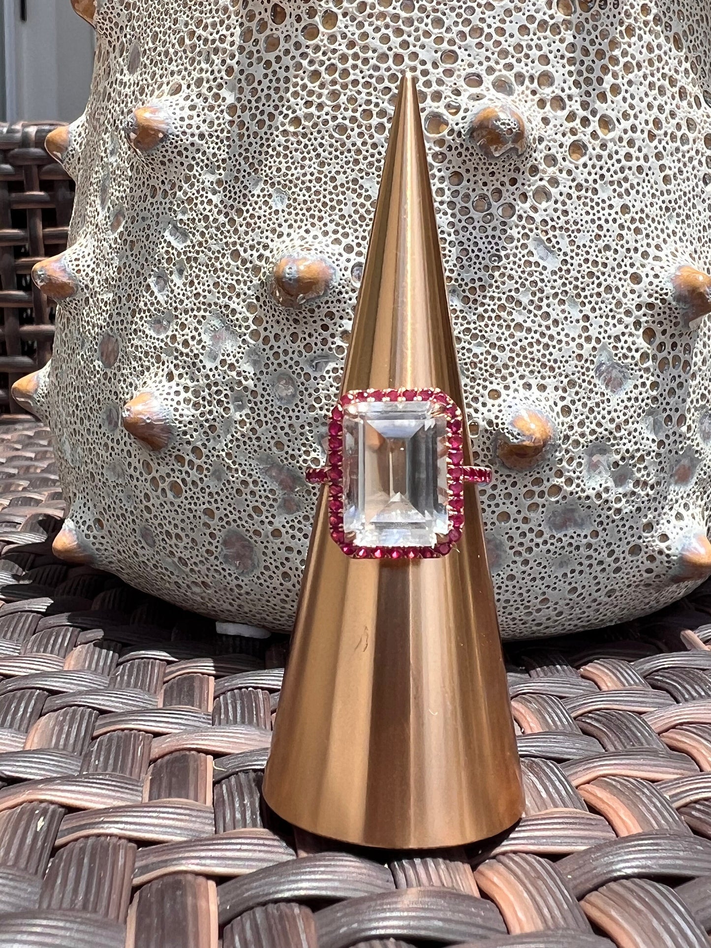 Emerald cut White Quartz with a ruby Ruby halo set in 14k rose gold by EFFY