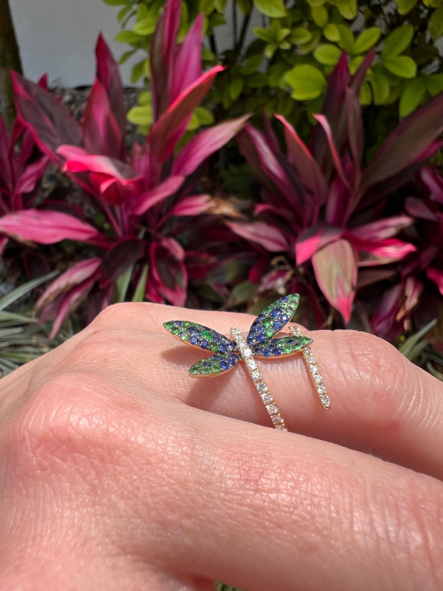 Dragon Fly Tsavorite, sapphire and diamond statement ring