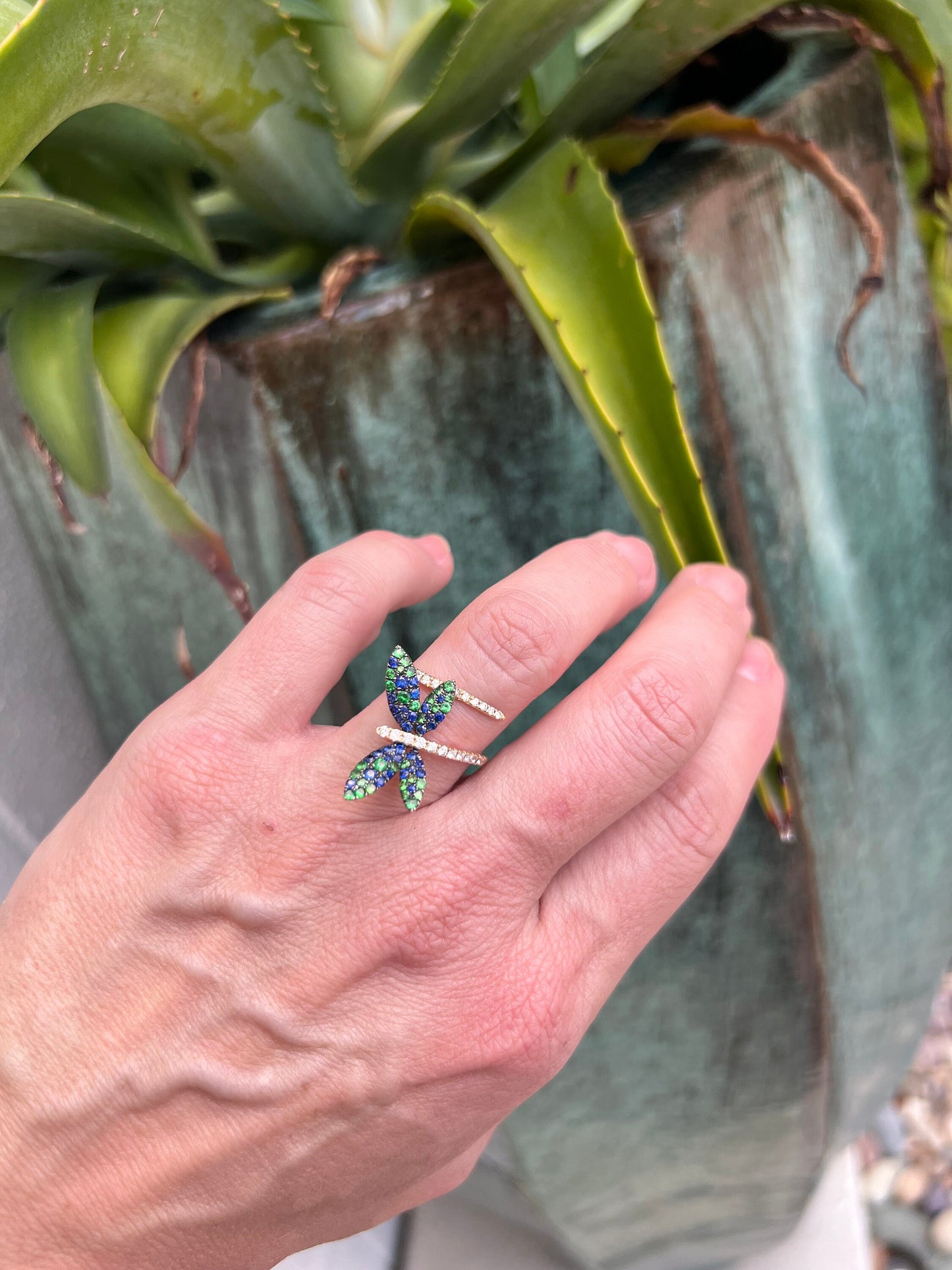Dragon Fly Tsavorite, sapphire and diamond statement ring