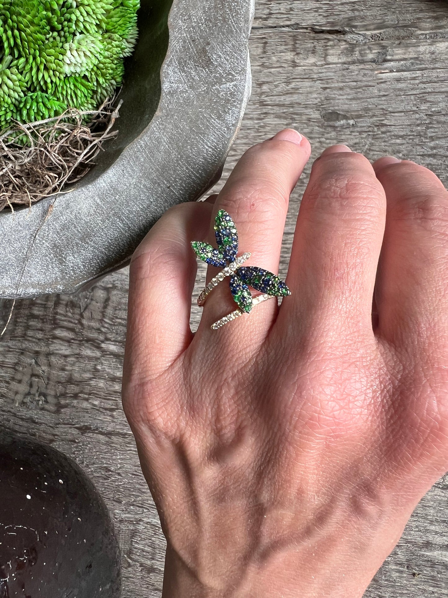Dragon Fly Tsavorite, sapphire and diamond statement ring