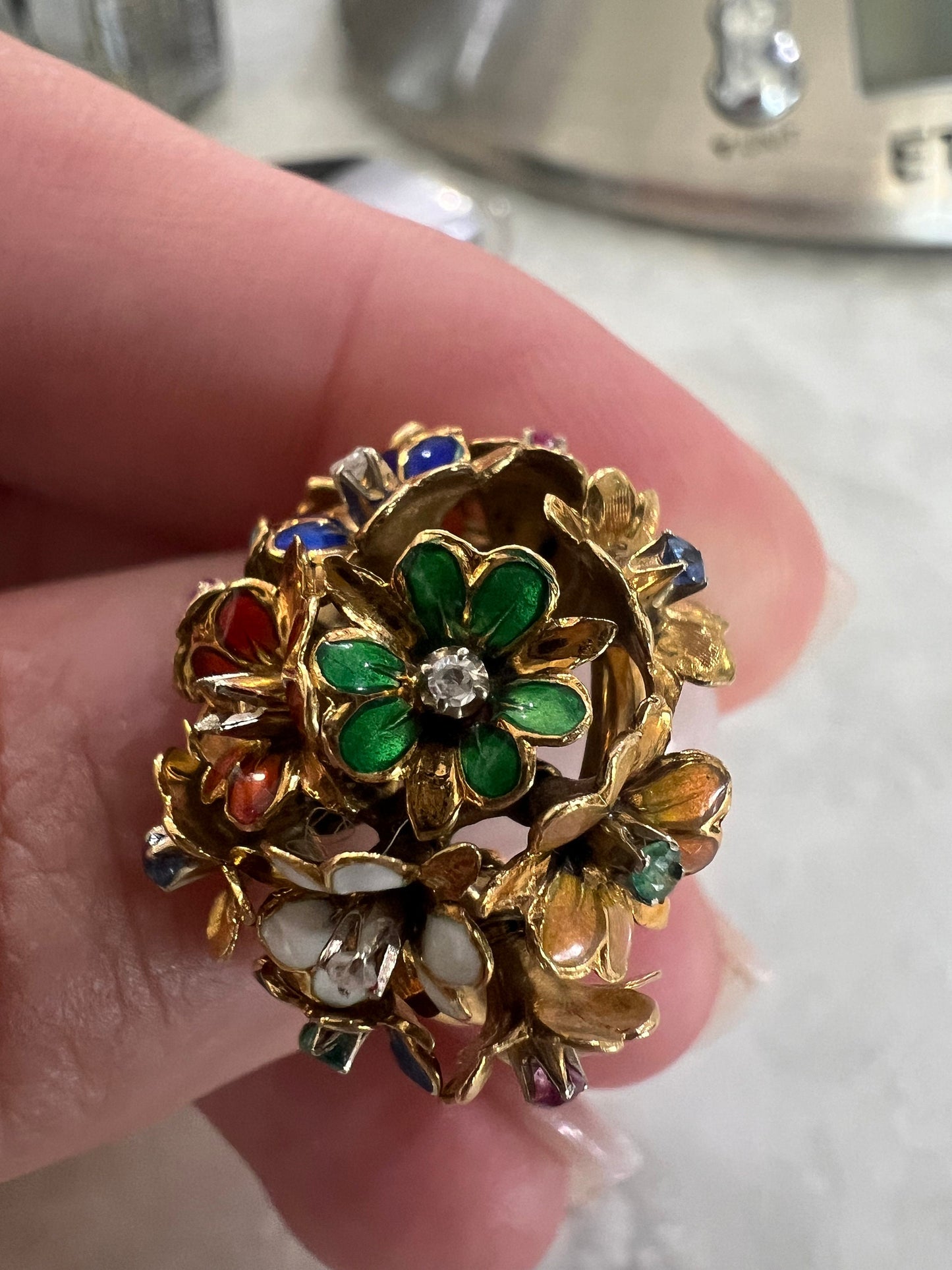 Antique Flower Enamel Ring 18Kt from Italy
