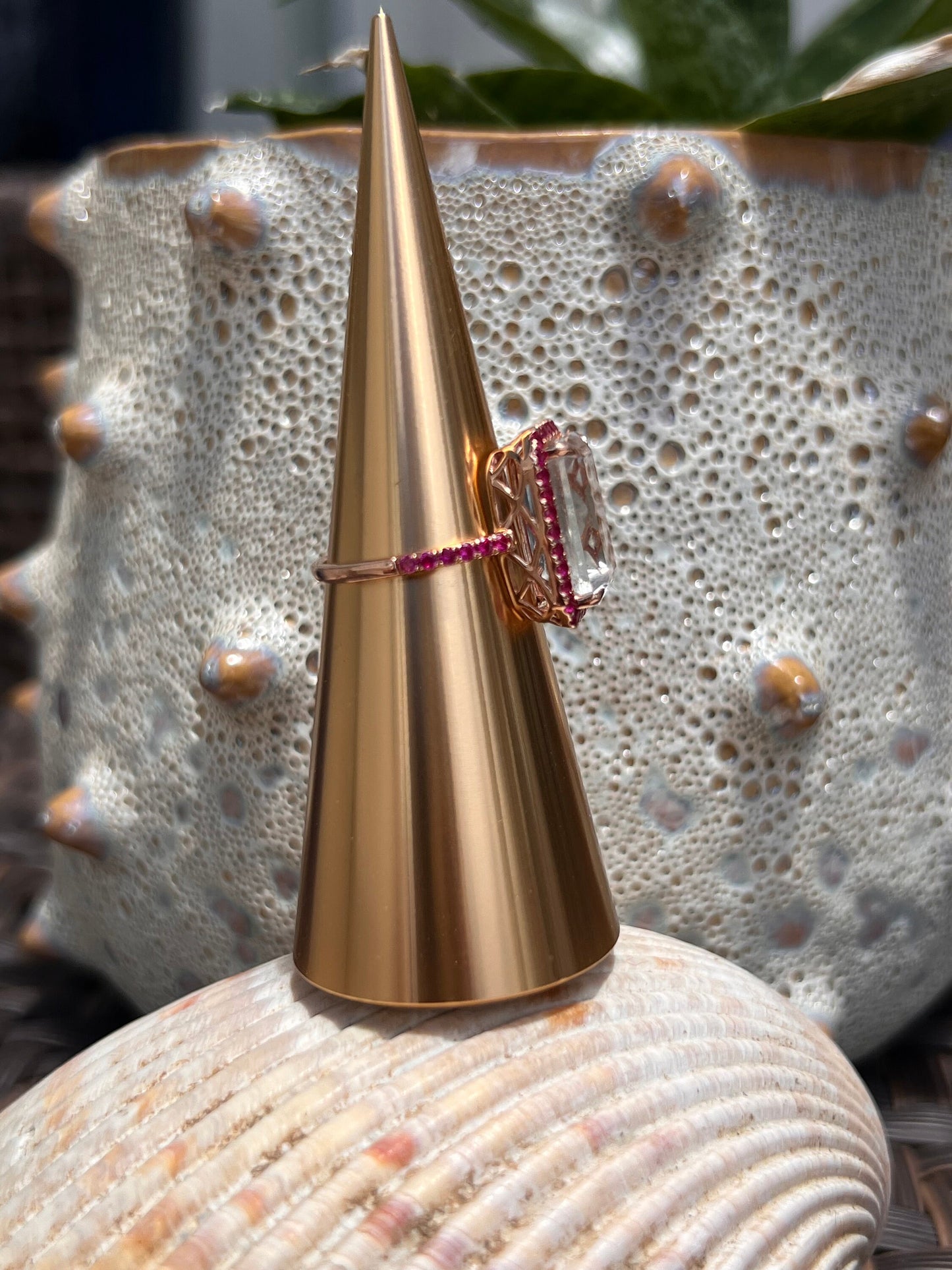 Emerald cut White Quartz with a ruby Ruby halo set in 14k rose gold by EFFY