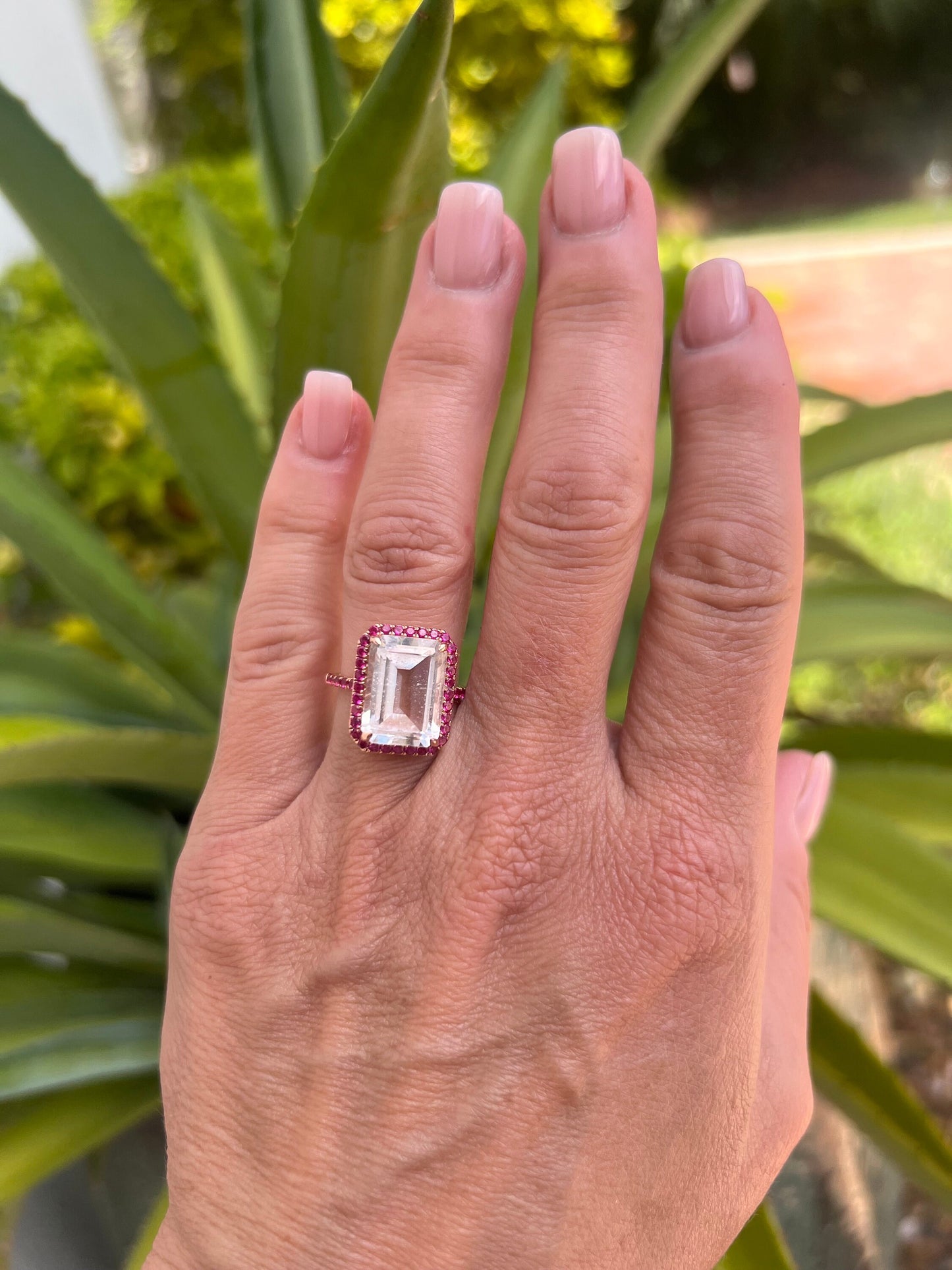 Emerald cut White Quartz with a ruby Ruby halo set in 14k rose gold by EFFY