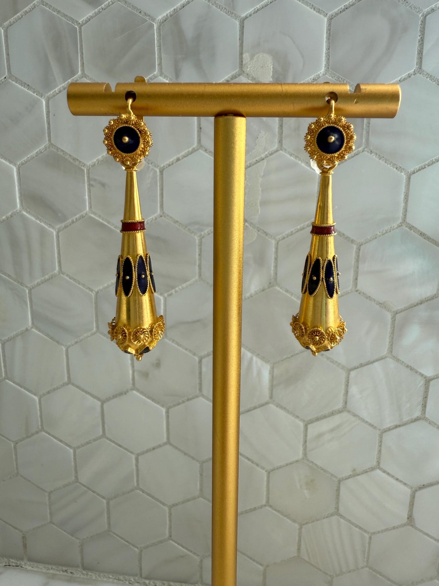 Antique French 18K Gold and Enamel Drop Earrings