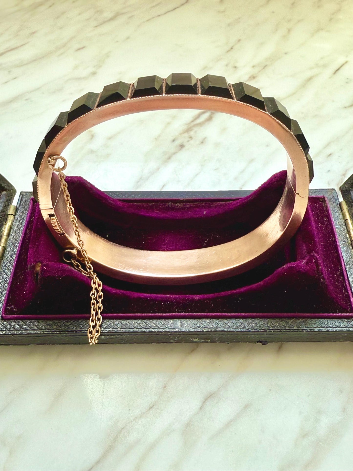 Victorian Pyramid Black Onyx Bangle in Rose gold