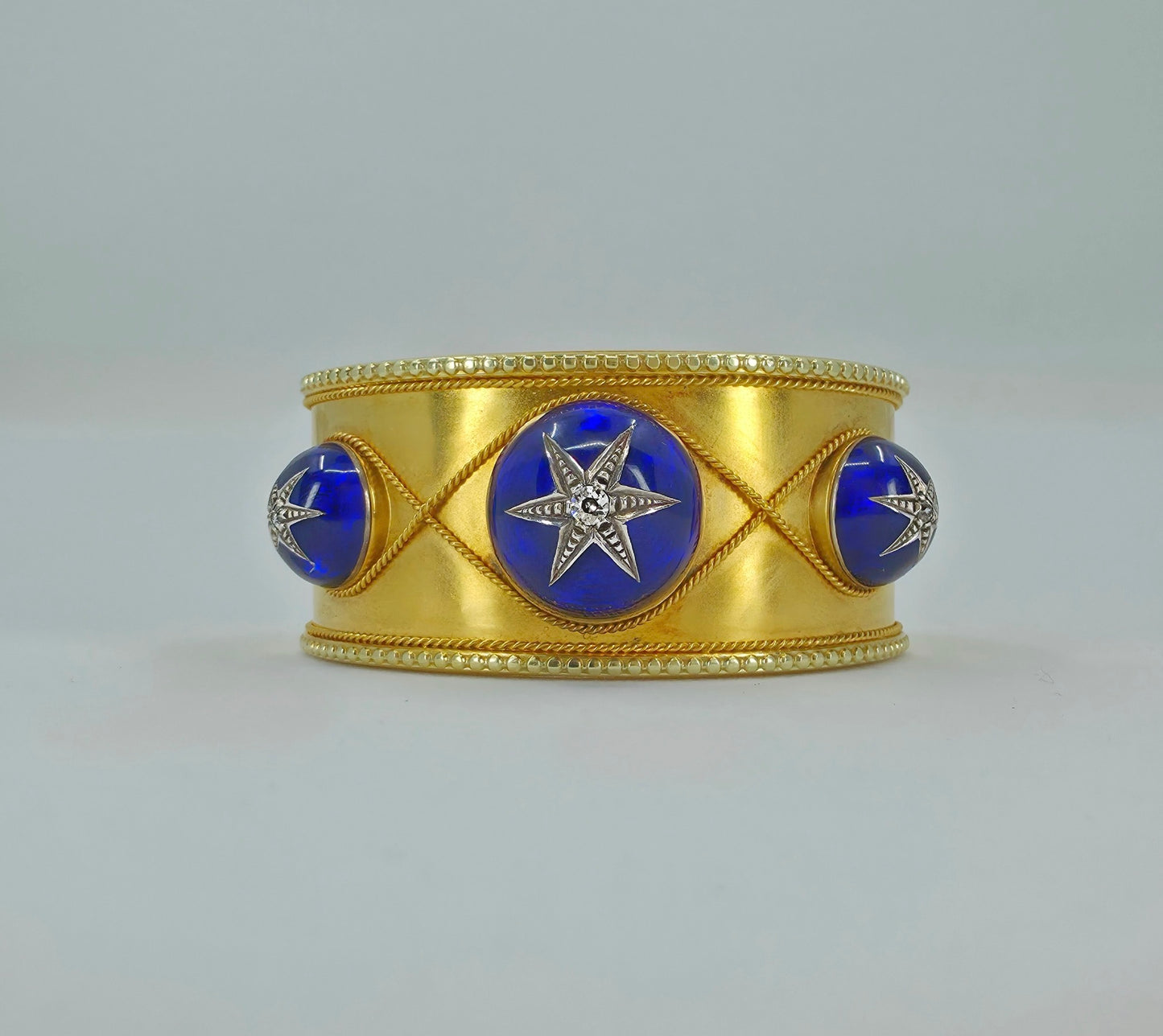 Antique Victorian Gold Bangle Bracelet- Blue Guilloché Enamel & Old-Cut Diamonds | England, Mid-19th Century