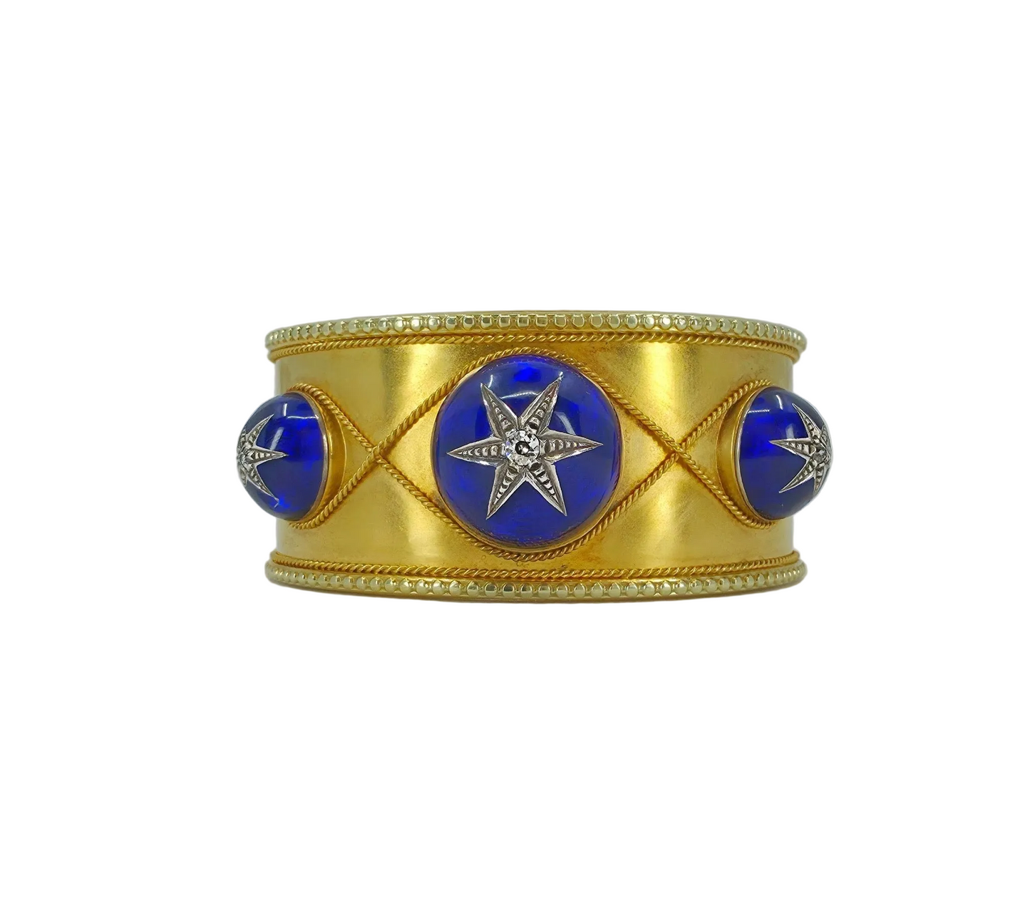 Antique Victorian Gold Bangle Bracelet- Blue Guilloché Enamel & Old-Cut Diamonds | England, Mid-19th Century