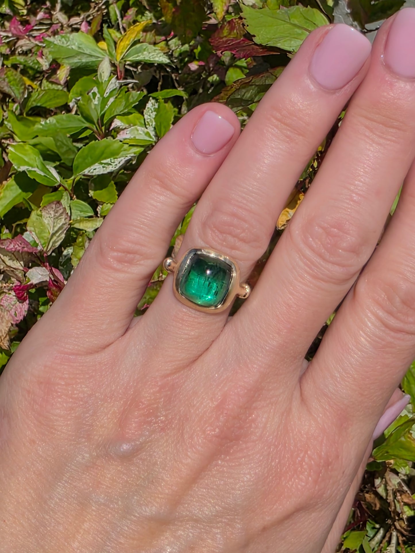5ct Emerald Green Sugarloaf Tourmaline ring in 14K