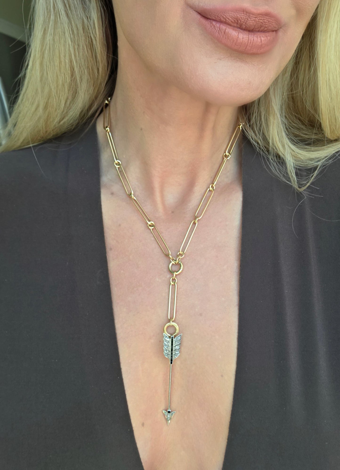 14k  Trombone Y- Drop Necklace with Spring Circle Clasps