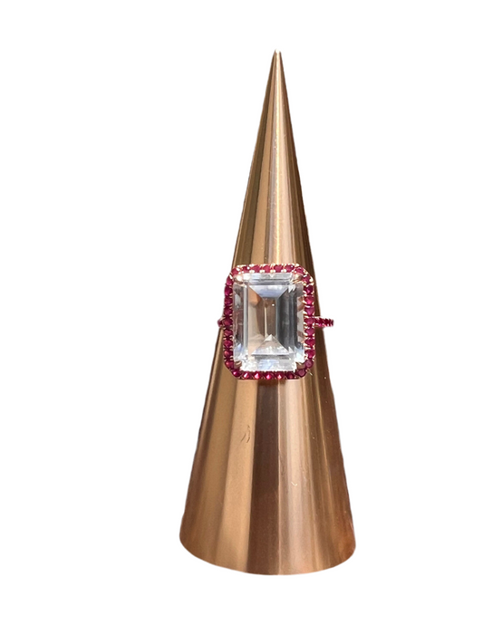 Emerald cut White Quartz with a ruby Ruby halo set in 14k rose gold by EFFY