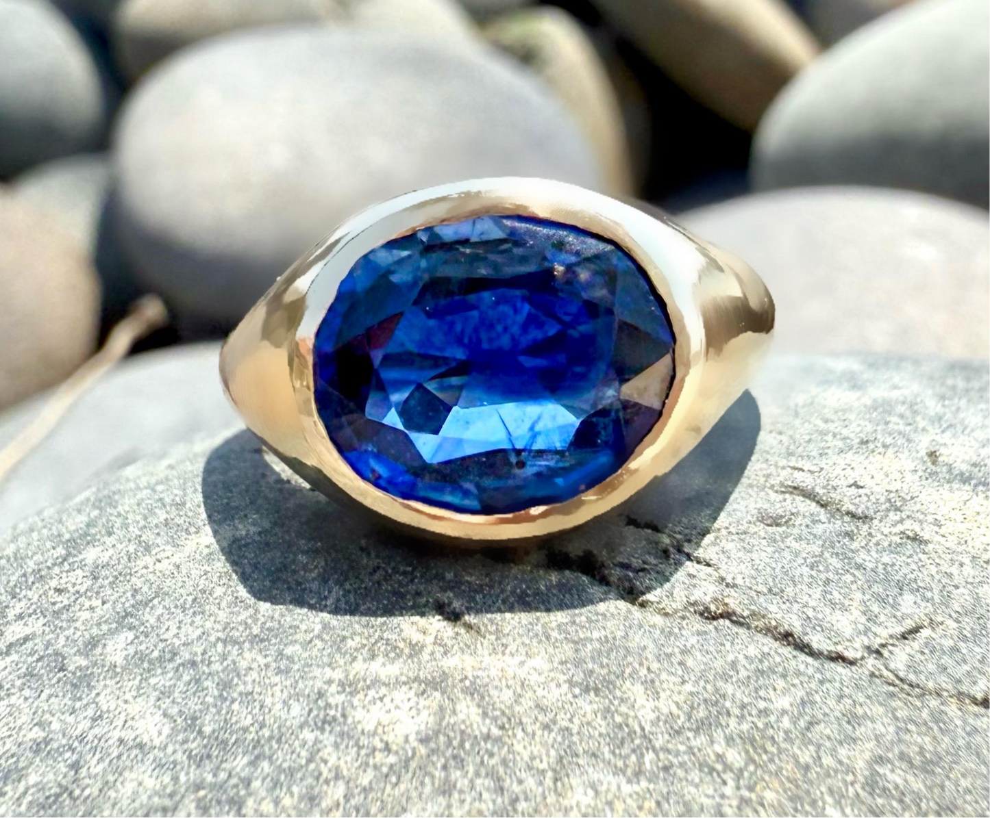 Handmade 4.17 Kyanite Gypsy Ring set in 14K yellow gold.