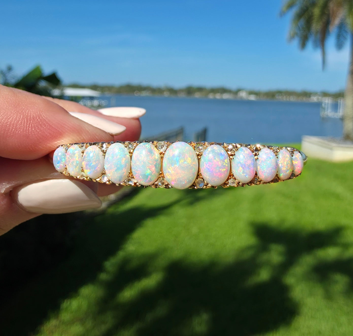 Vintage Pink Australian Solid Opal Bangle 14K gold