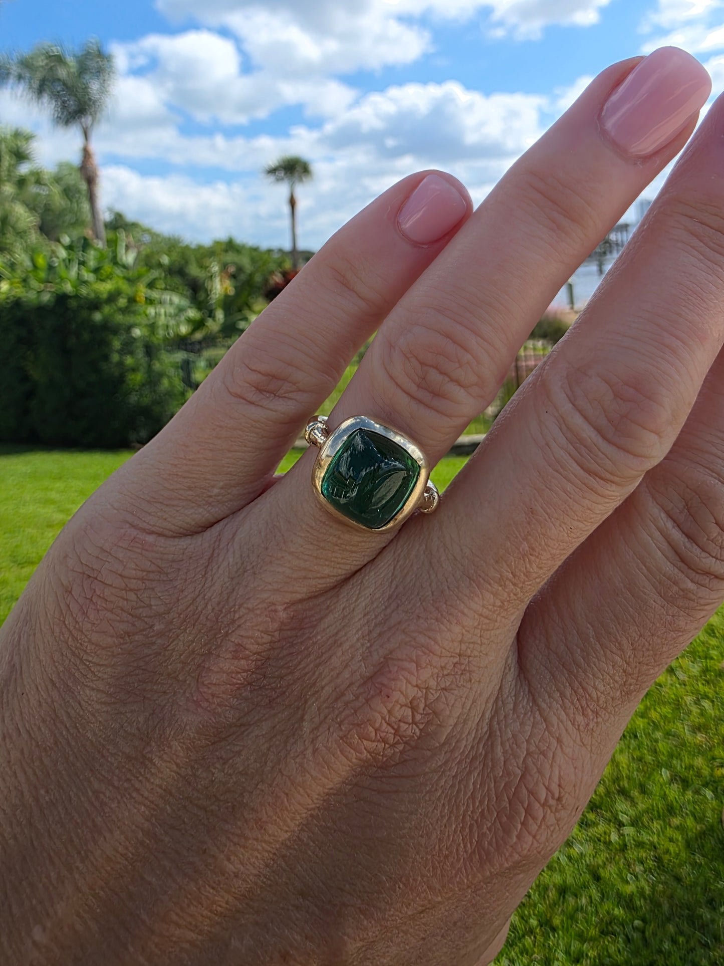 5ct Emerald Green Sugarloaf Tourmaline ring in 14K