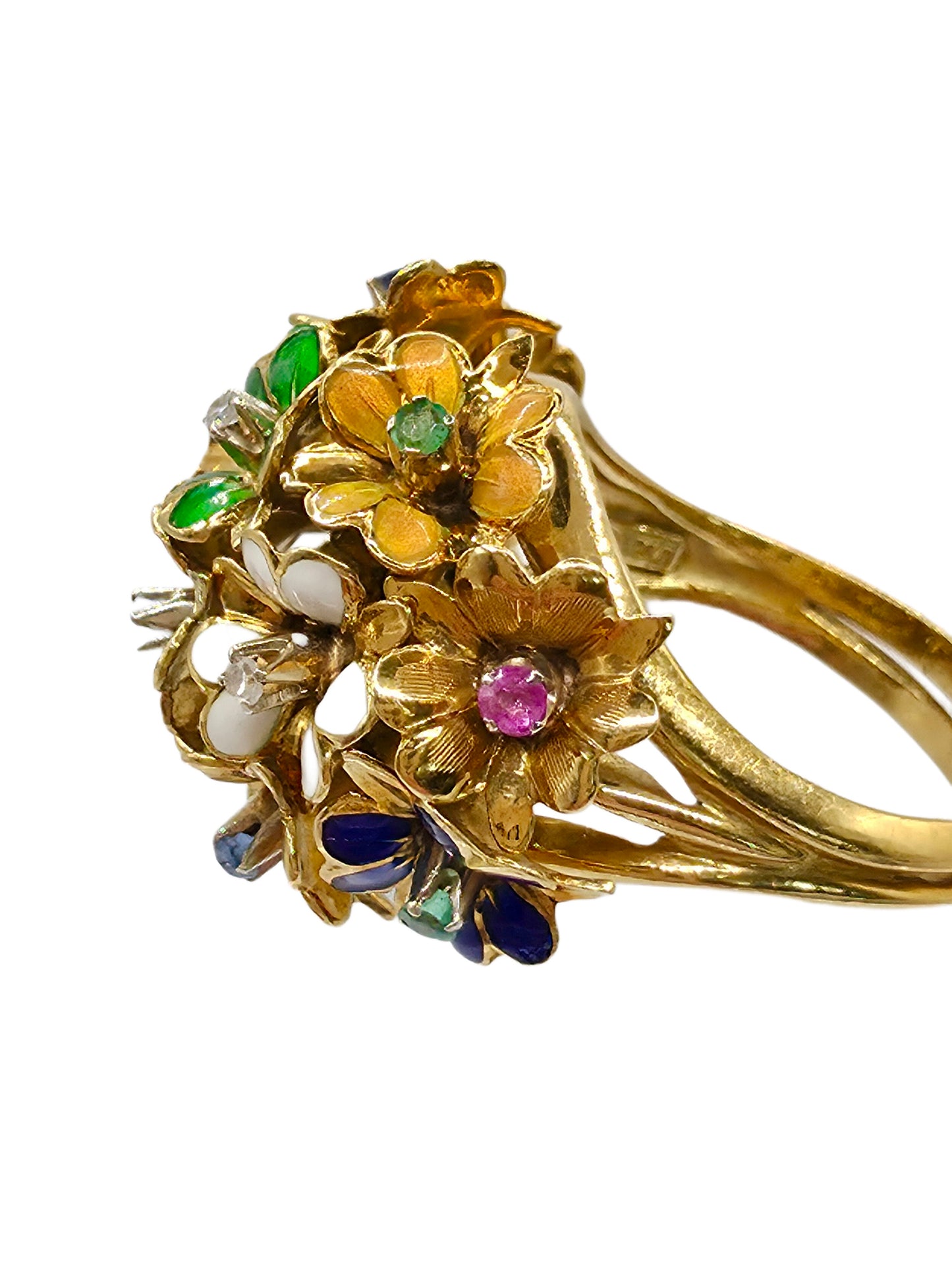 Antique Flower Enamel Ring 18Kt from Italy