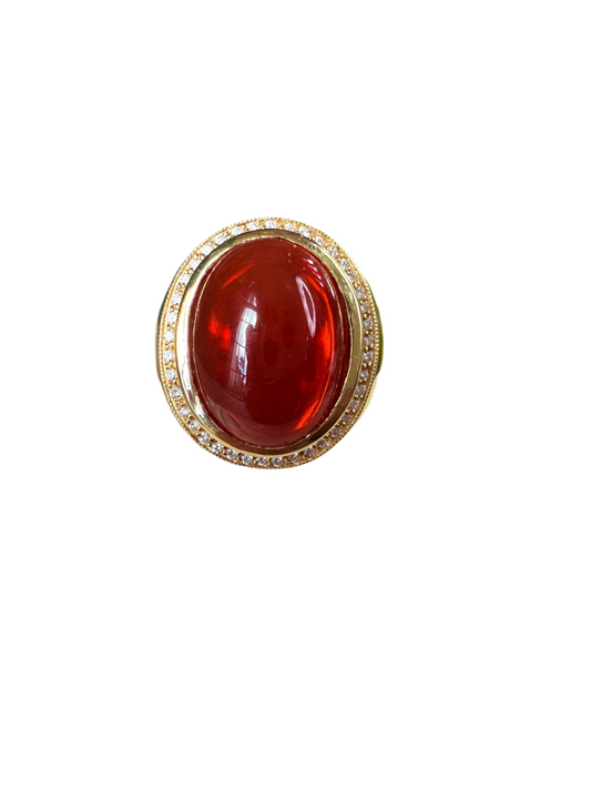 Estate Mexican Fire Opal & Diamond Cabochon Ring 18K