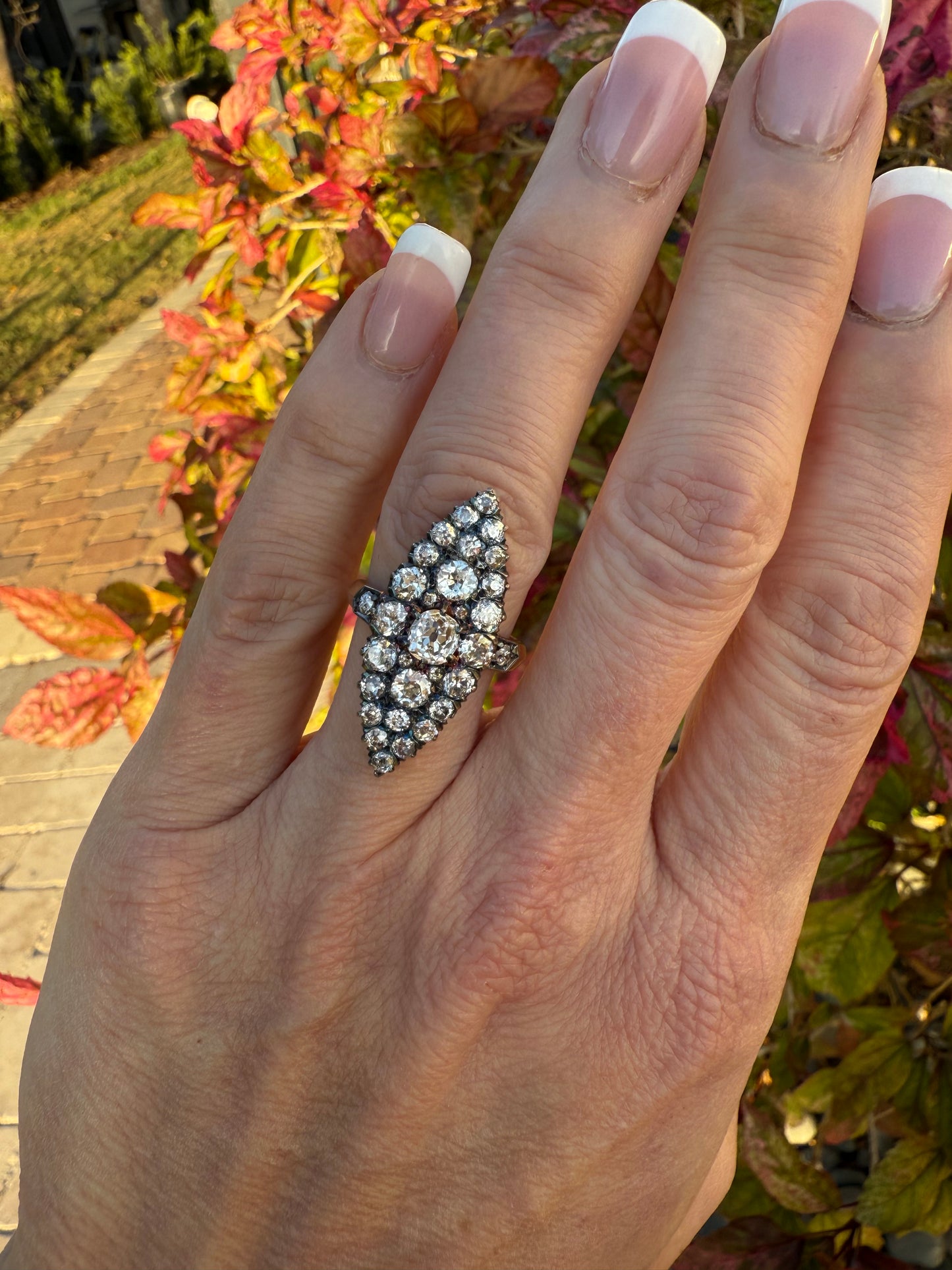 3.2 ct Old mine Diamond Navette Ring