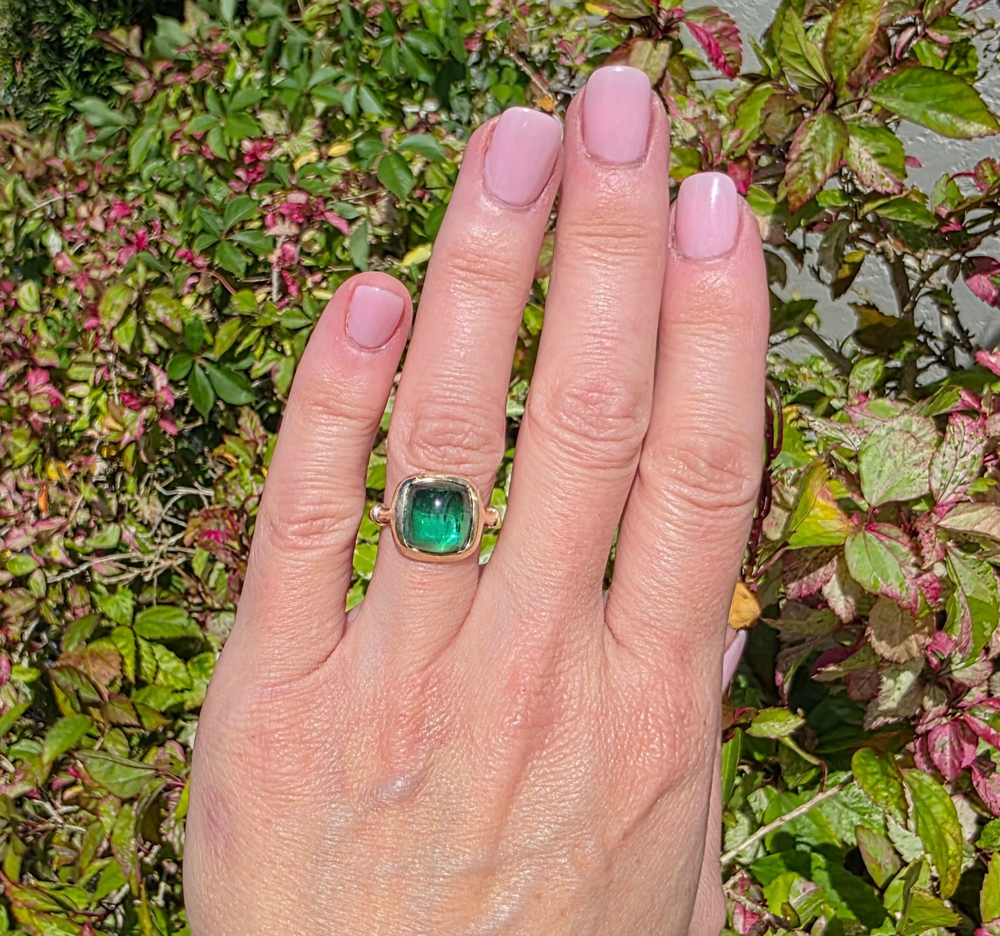 5ct Emerald Green Sugarloaf Tourmaline ring in 14K