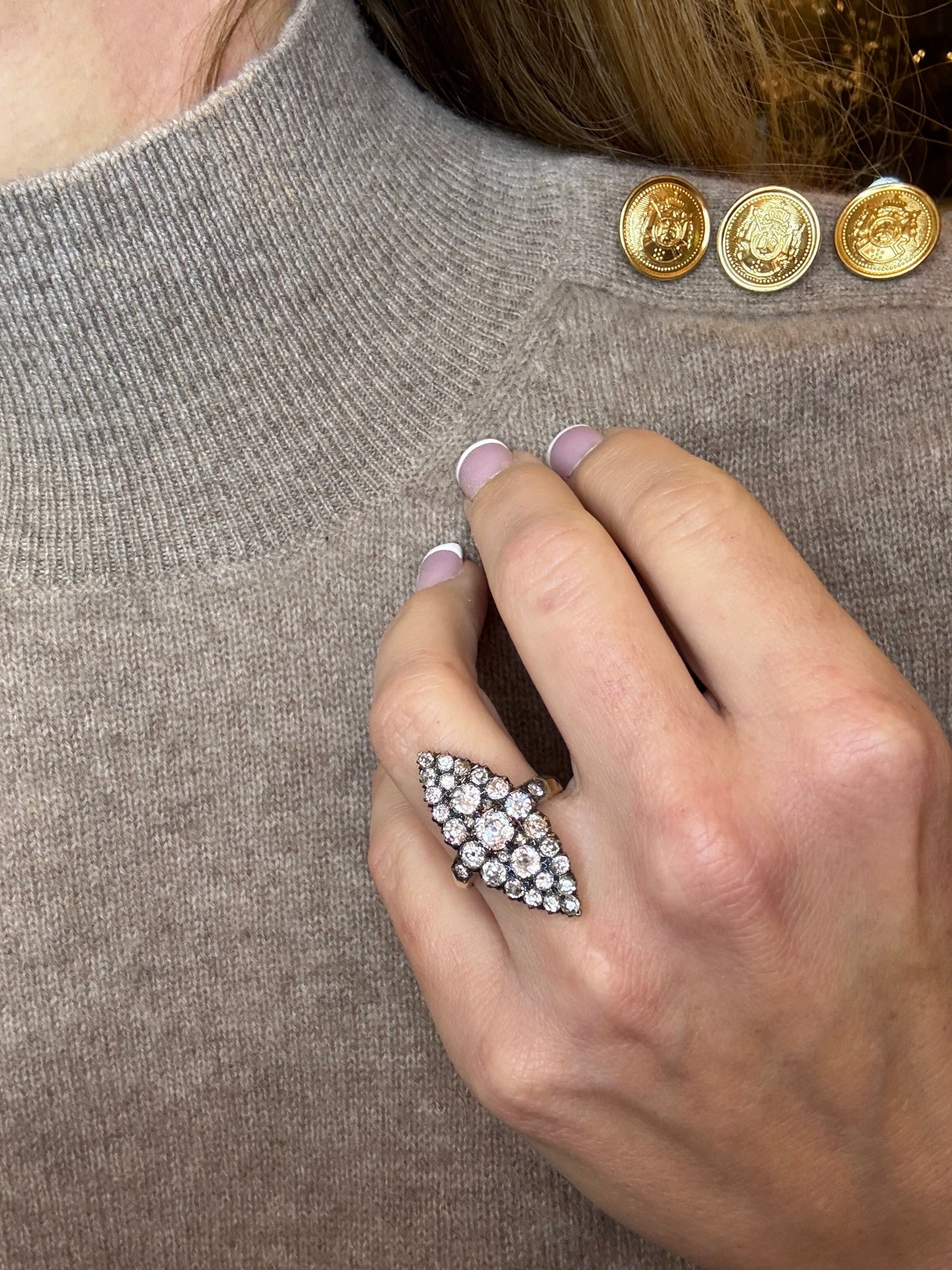 3.2 ct Old mine Diamond Navette Ring