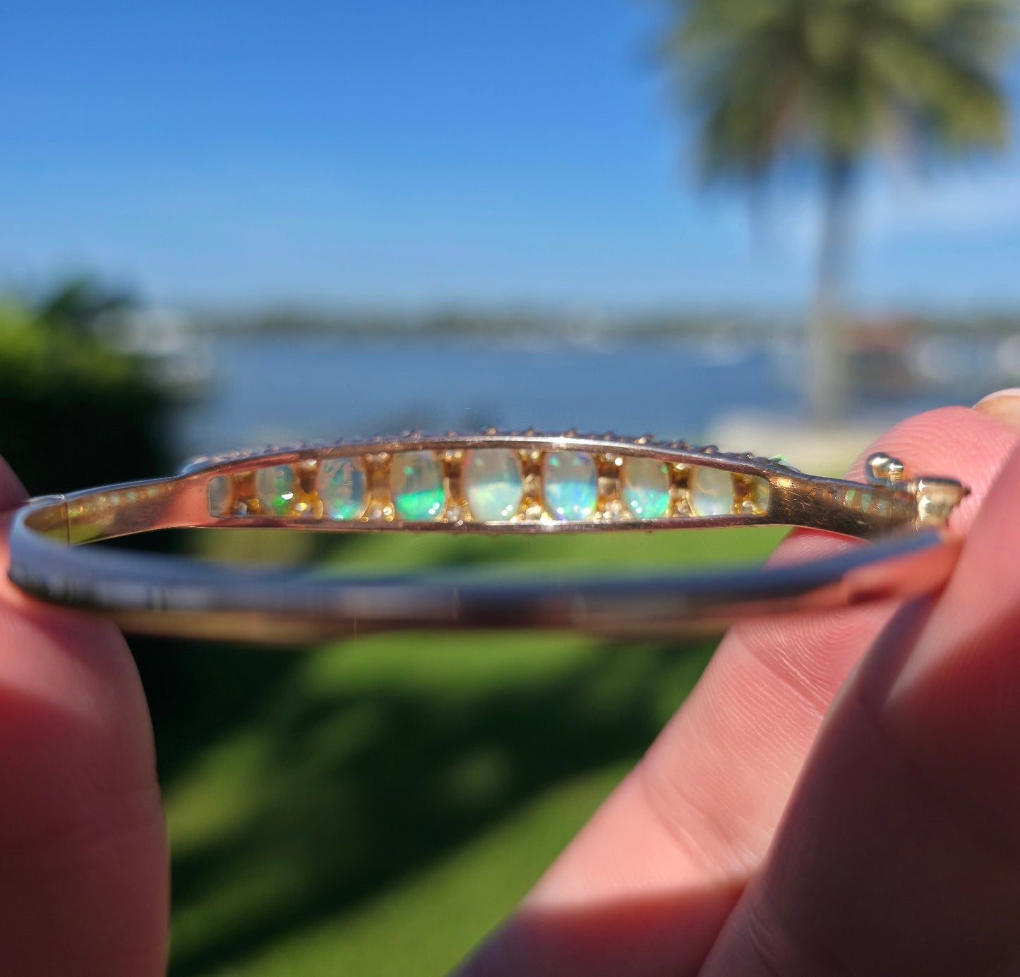 Vintage Australian Opal Bangle with Old cut Diamonds