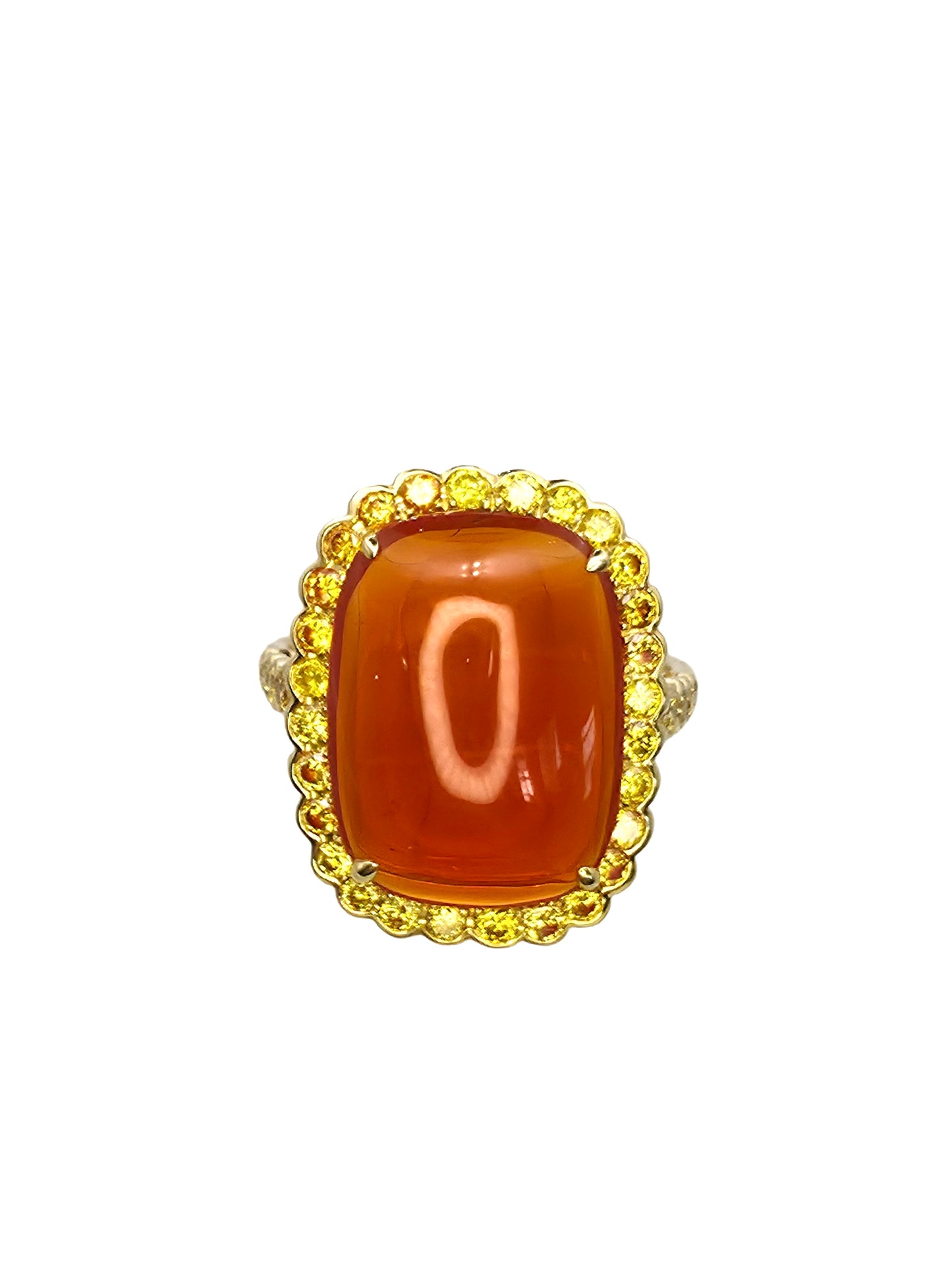 Stunning Fire Opal with Yellow Diamond Halo in 18K gold
