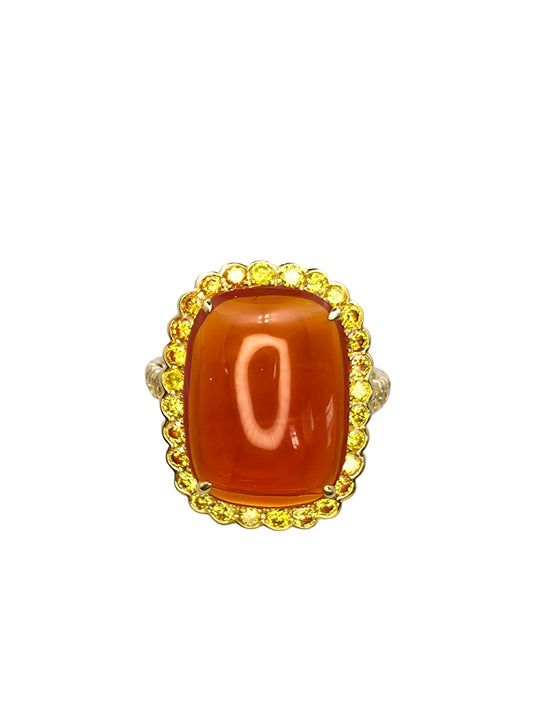 Stunning Fire Opal with Yellow Diamond Halo in 18K gold