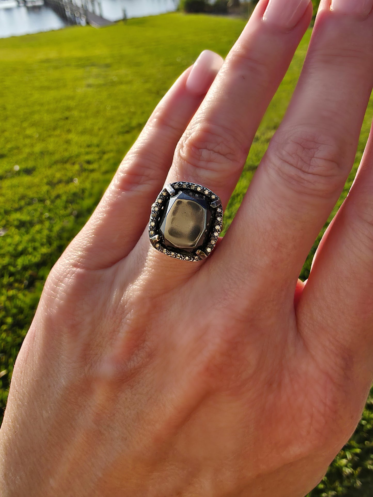 Hematite and Diamond Ring