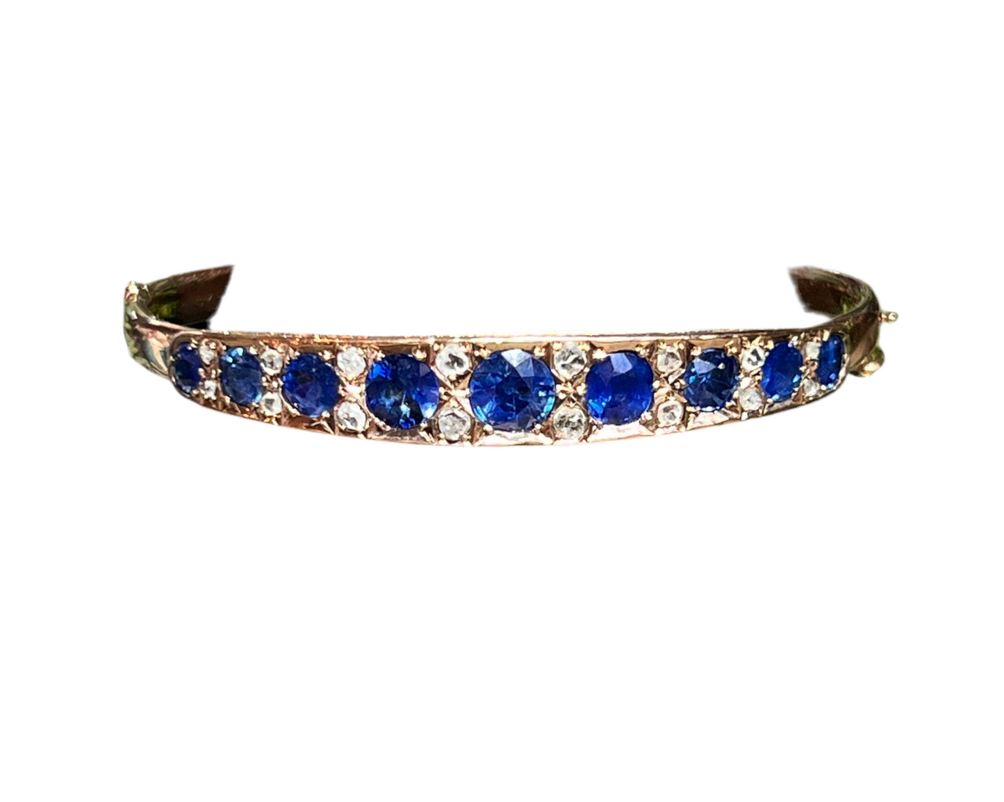 10 carat Antique Sapphire Corn Flower Blue Bangle with old cut diamonds set in Rose gold
