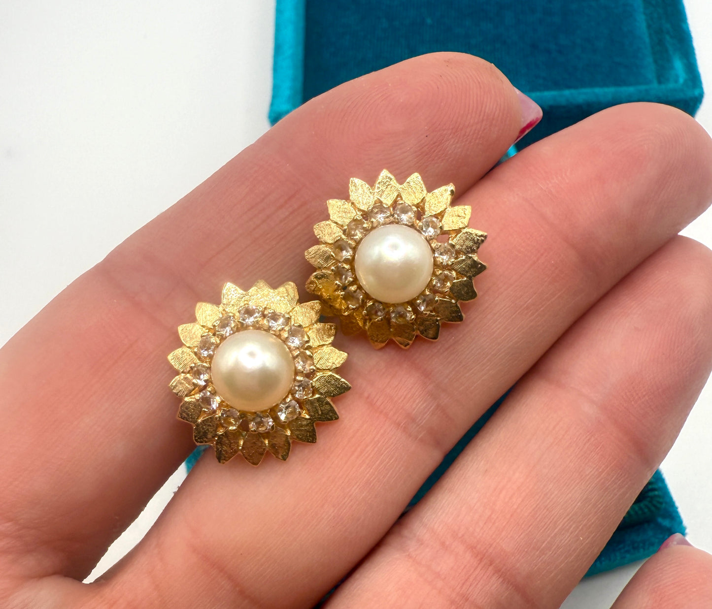 14K Gold Sunburst Pearl and Spinel Earring