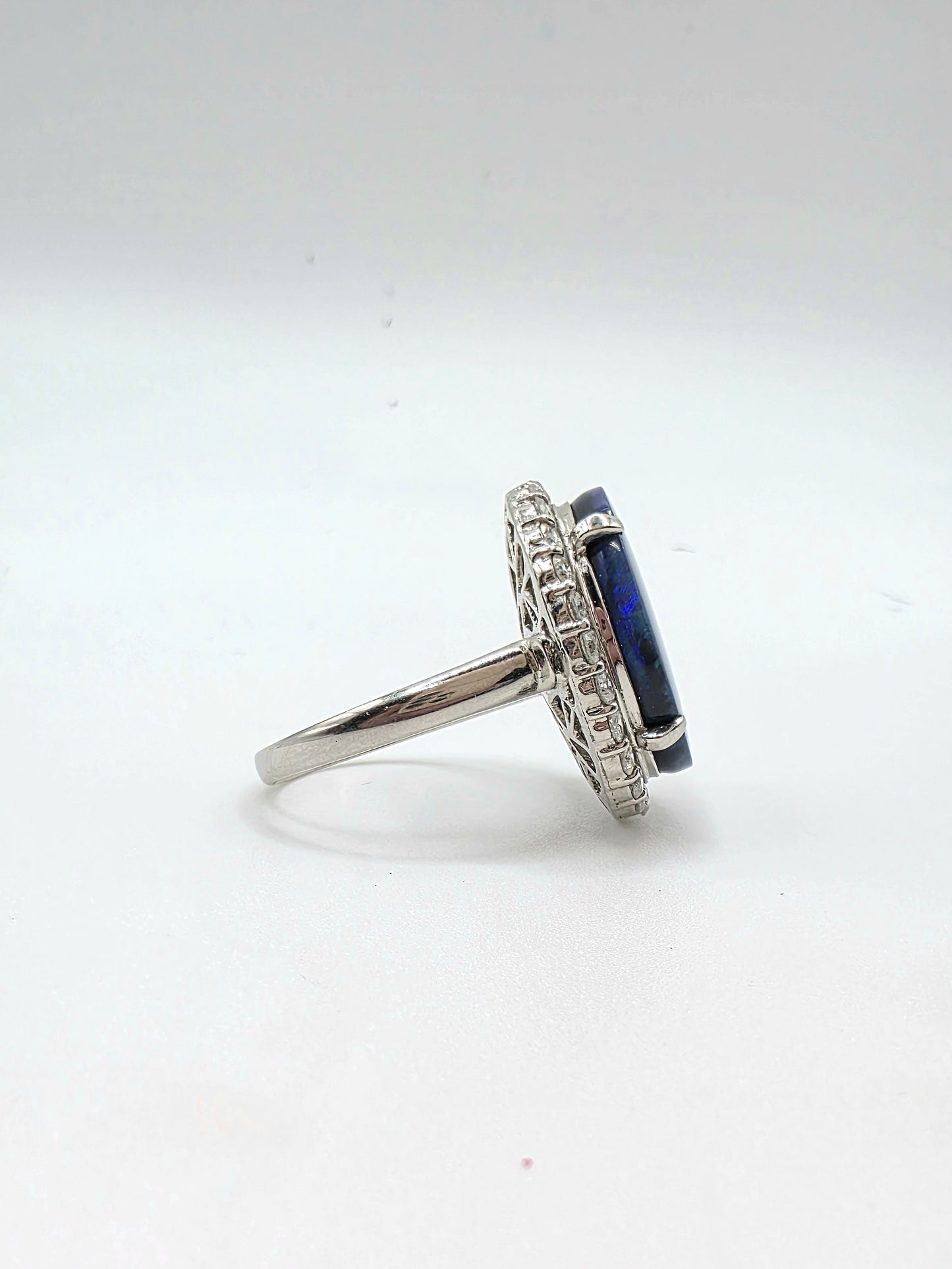 8ct Australian Opal RIng with Diamond Halo set in Platinum