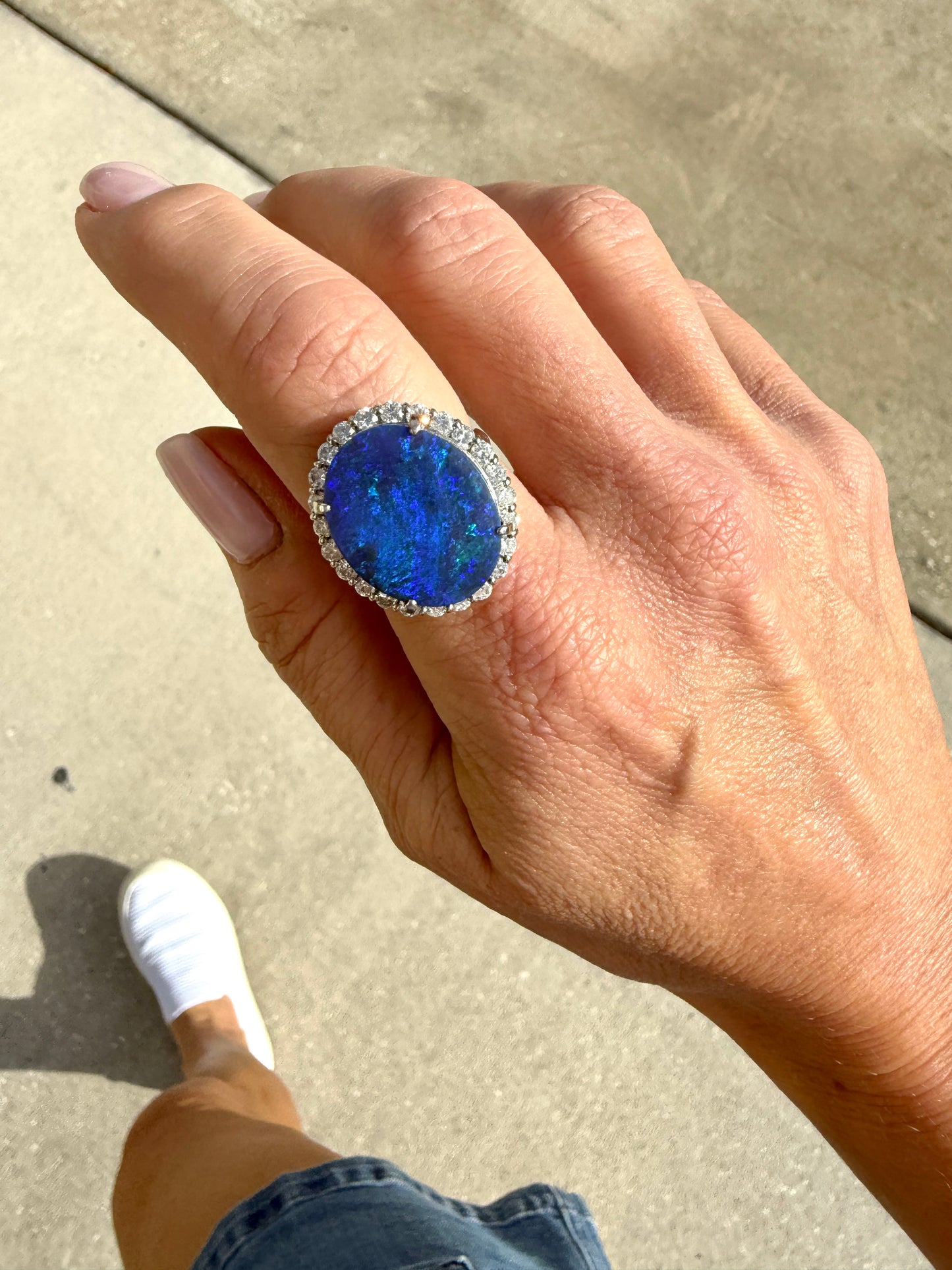 8ct Australian Opal RIng with Diamond Halo set in Platinum