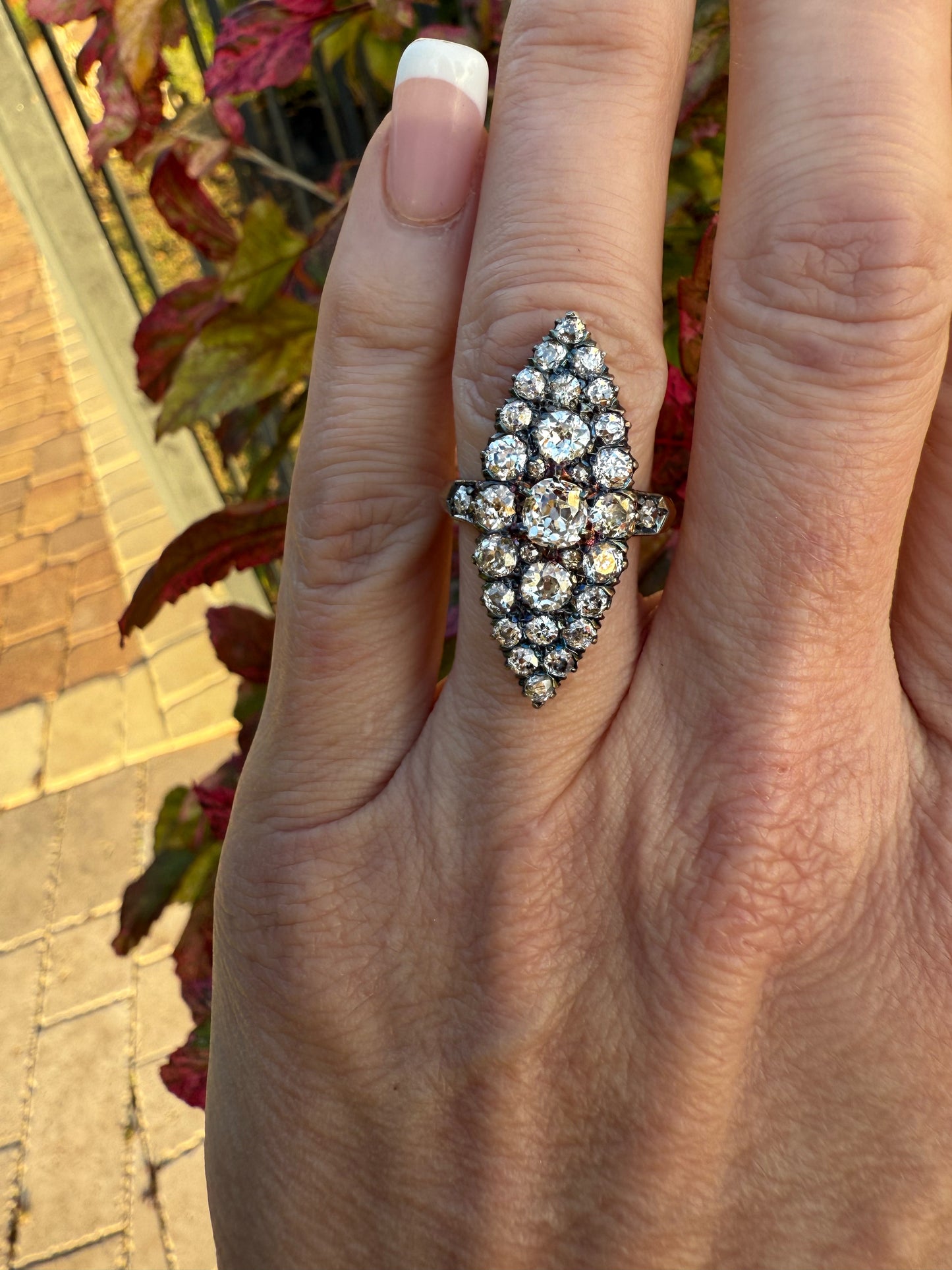 3.2 ct Old mine Diamond Navette Ring
