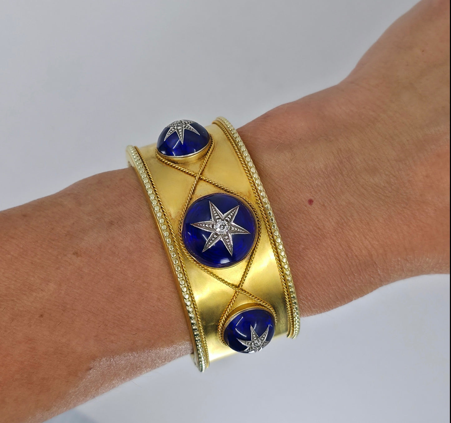 Antique Victorian Gold Bangle Bracelet- Blue Guilloché Enamel & Old-Cut Diamonds | England, Mid-19th Century