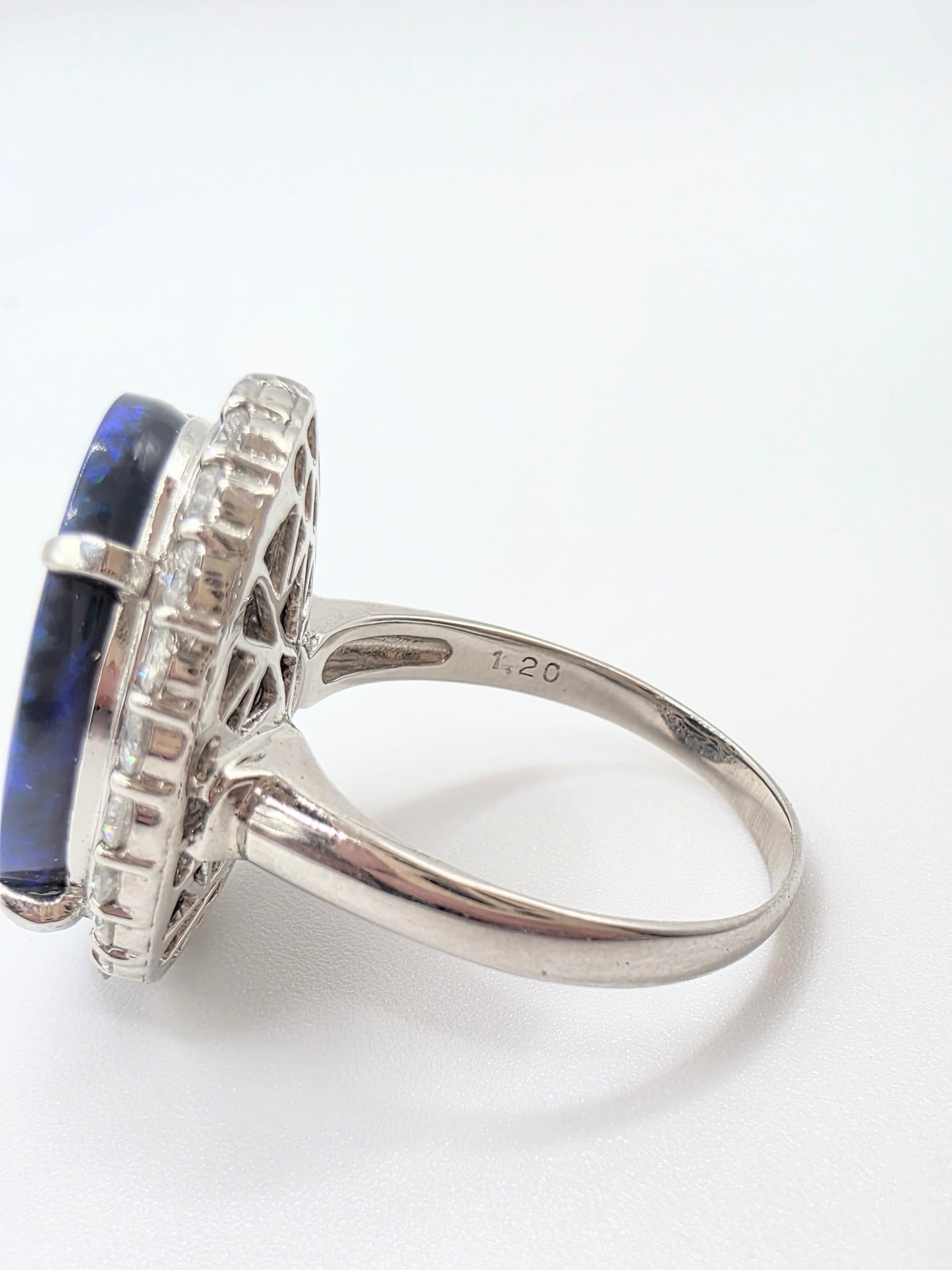 8ct Australian Opal RIng with Diamond Halo set in Platinum