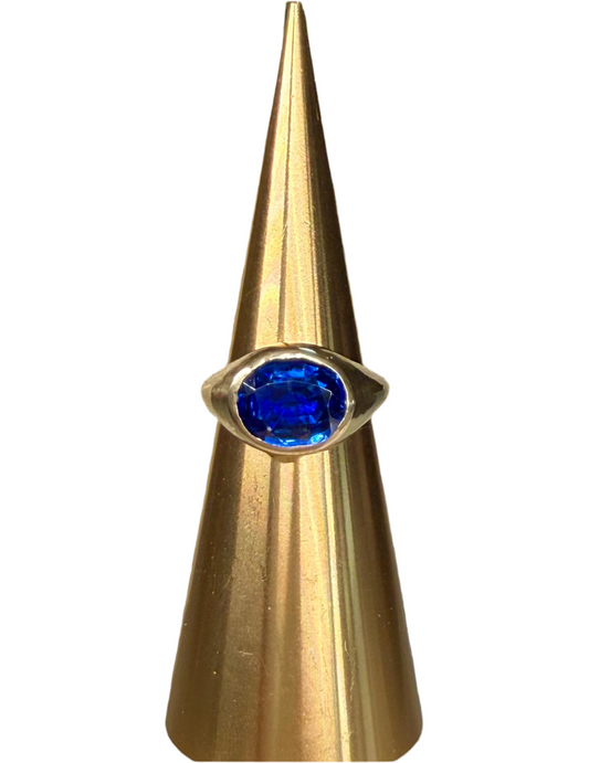 Handmade 4.17 Kyanite Gypsy Ring set in 14K yellow gold.