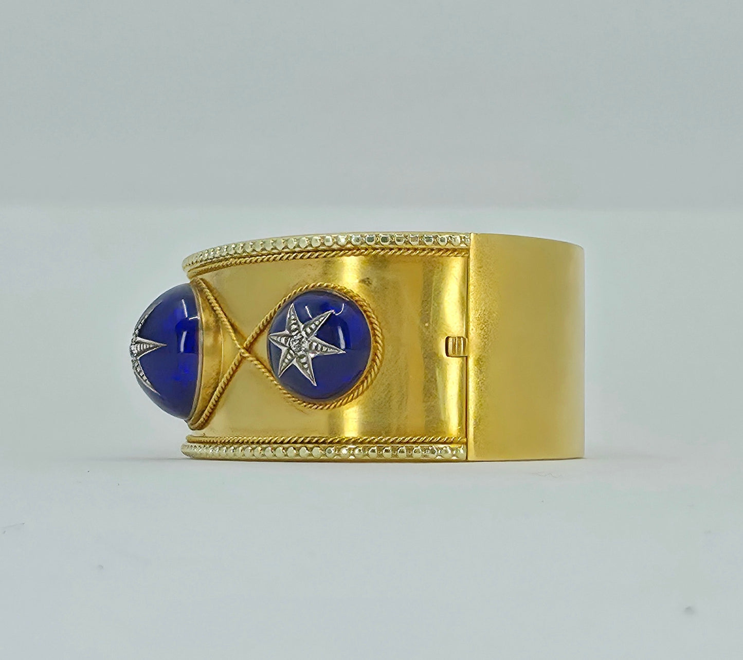 Antique Victorian Gold Bangle Bracelet- Blue Guilloché Enamel & Old-Cut Diamonds | England, Mid-19th Century