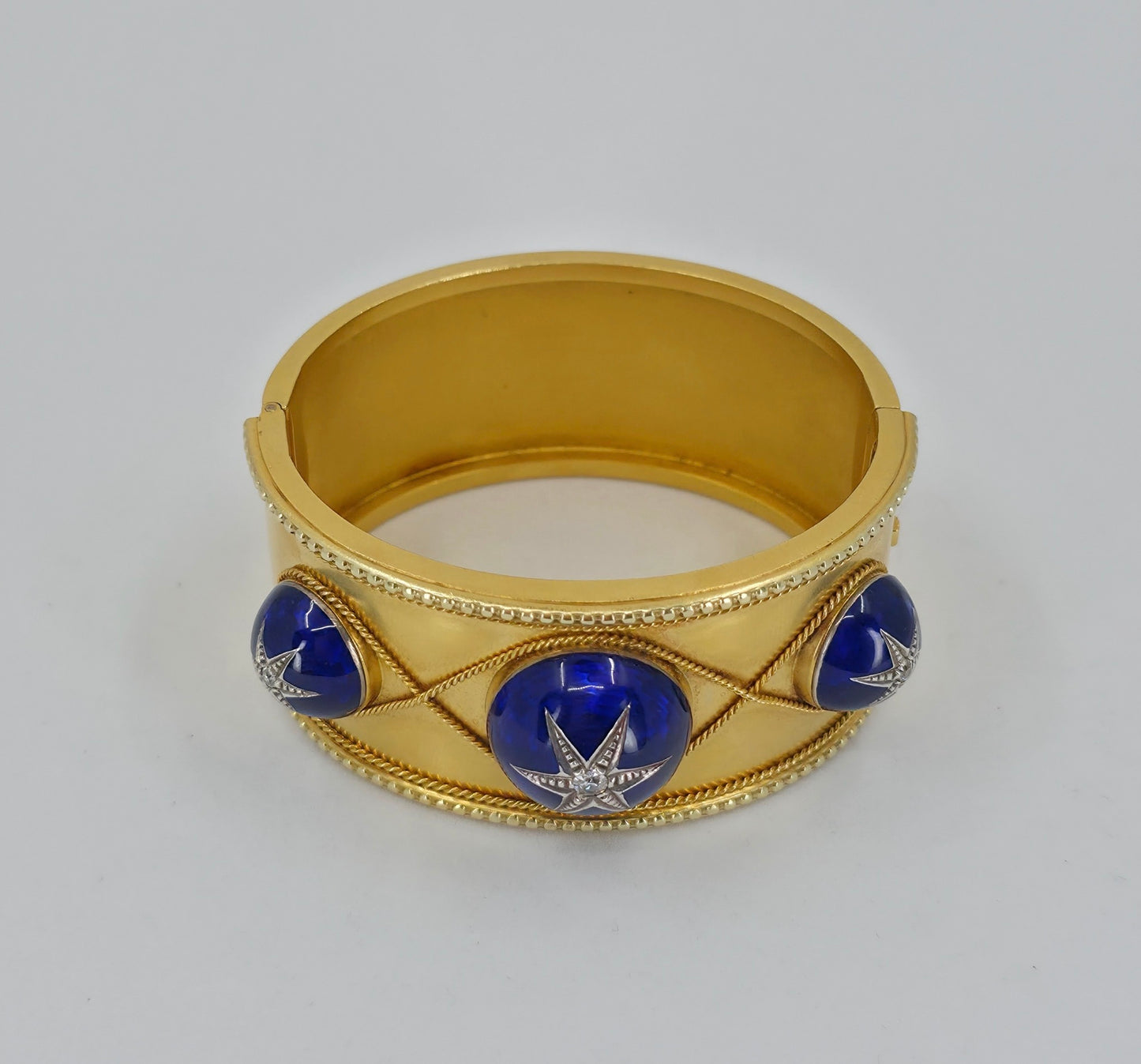 Antique Victorian Gold Bangle Bracelet- Blue Guilloché Enamel & Old-Cut Diamonds | England, Mid-19th Century