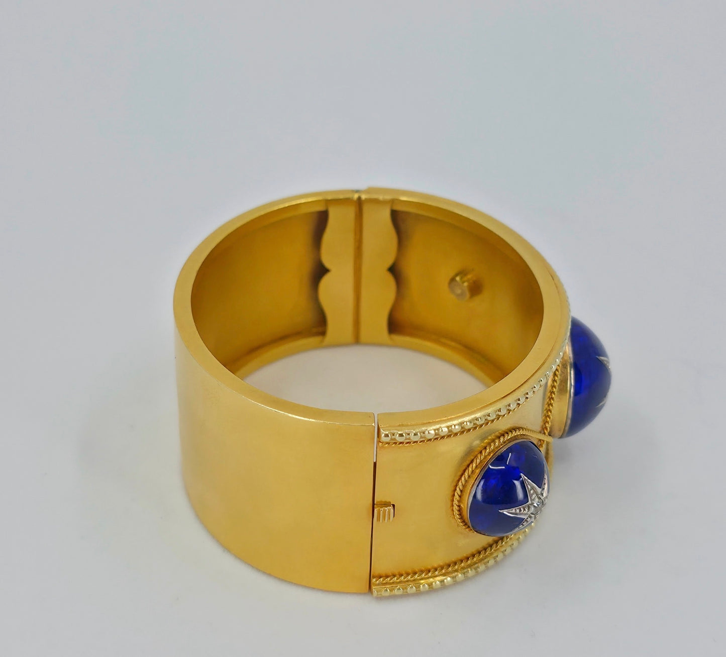 Antique Victorian Gold Bangle Bracelet- Blue Guilloché Enamel & Old-Cut Diamonds | England, Mid-19th Century