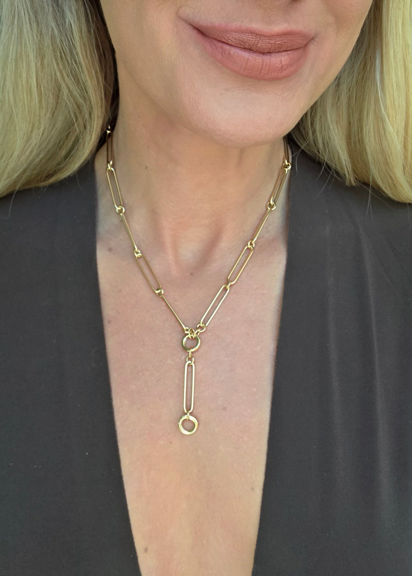 14k  Trombone Y- Drop Necklace with Spring Circle Clasps