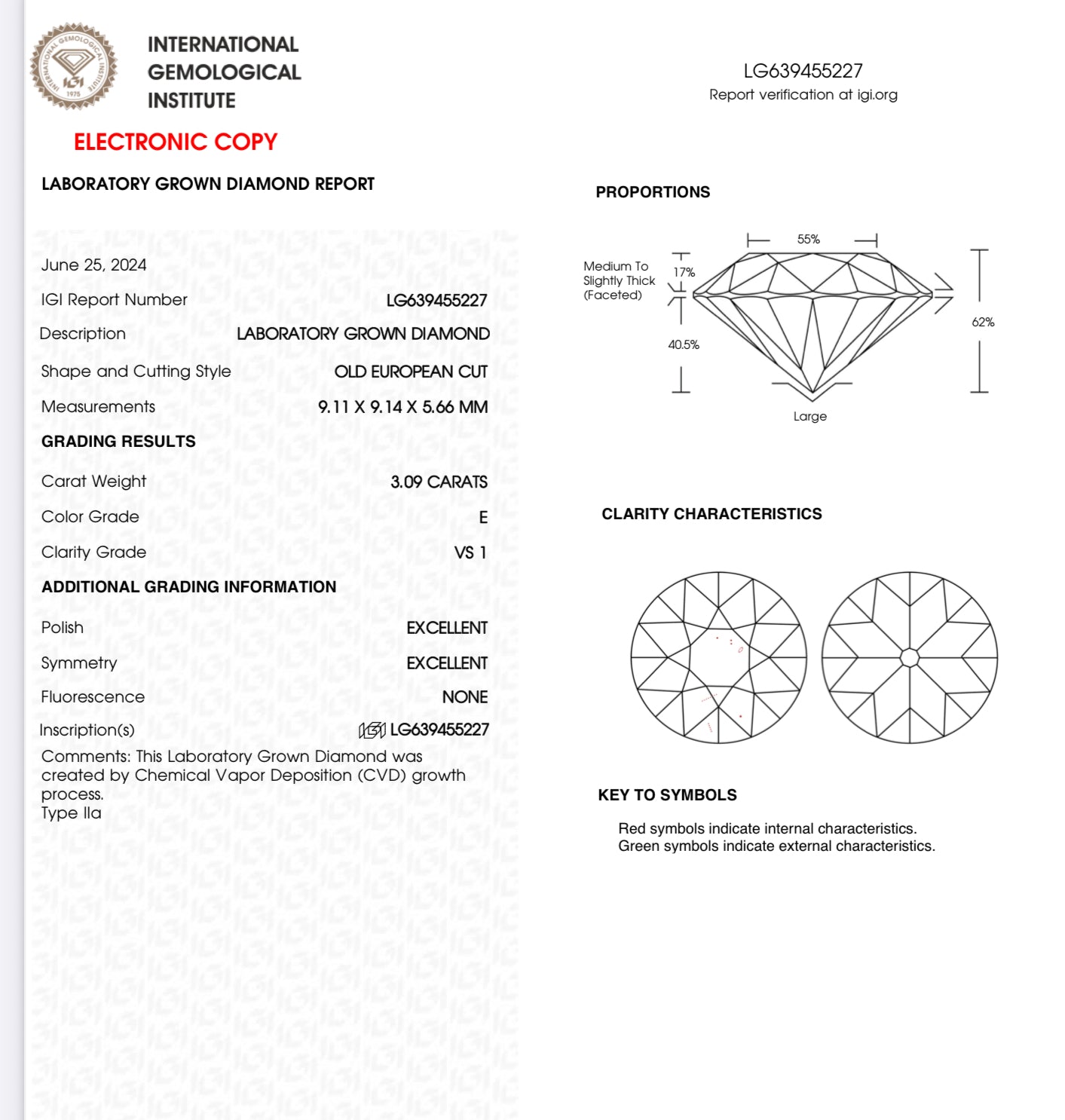 3.09 Old European Cut Lab Diamond E VS1 EX EX