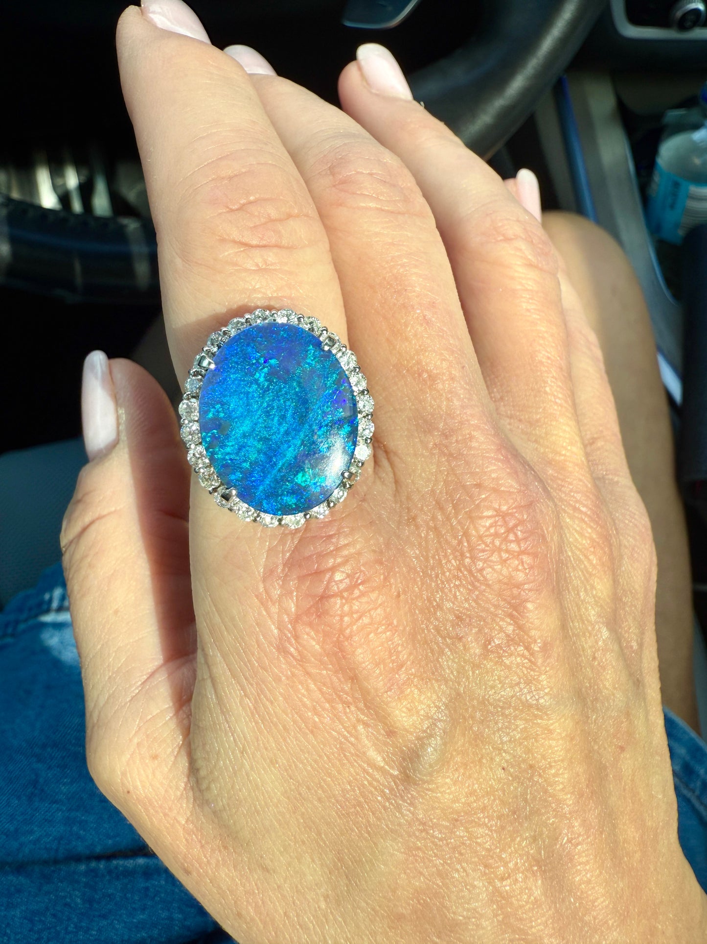 8ct Australian Opal RIng with Diamond Halo set in Platinum