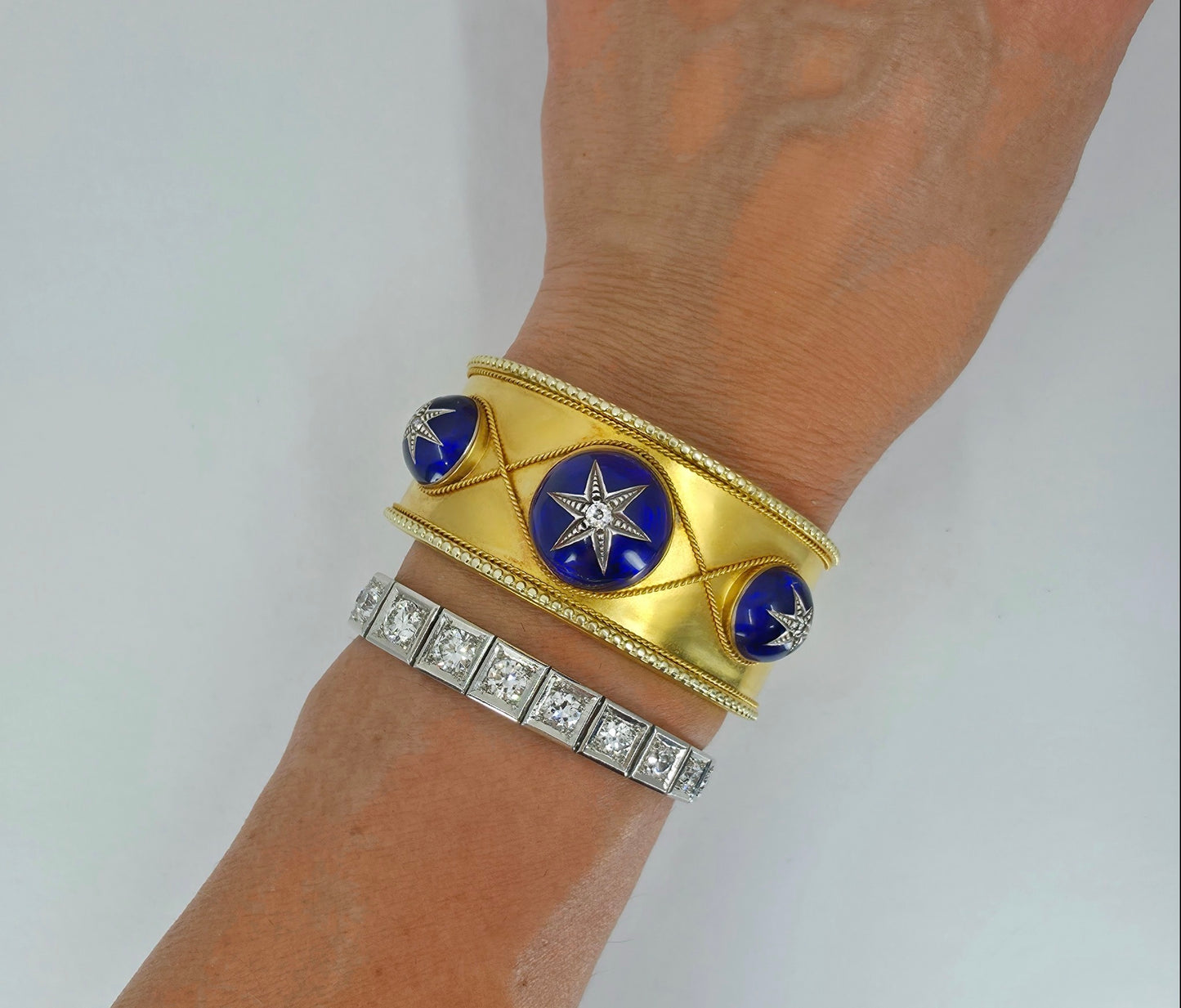 Antique Victorian Gold Bangle Bracelet- Blue Guilloché Enamel & Old-Cut Diamonds | England, Mid-19th Century