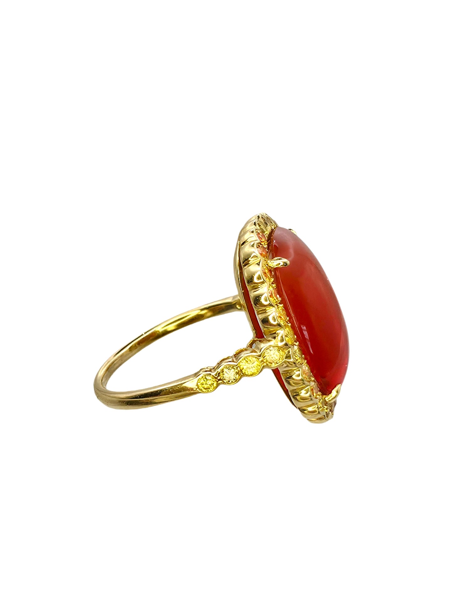 Stunning Fire Opal with Yellow Diamond Halo in 18K gold