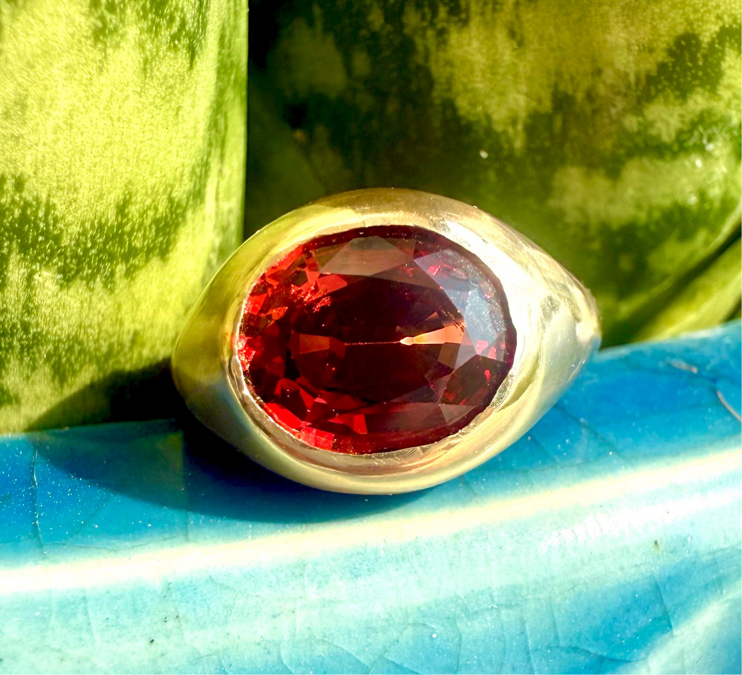 3.6 carat Umbalite Garnet Gypsy Ring 14k Handmade