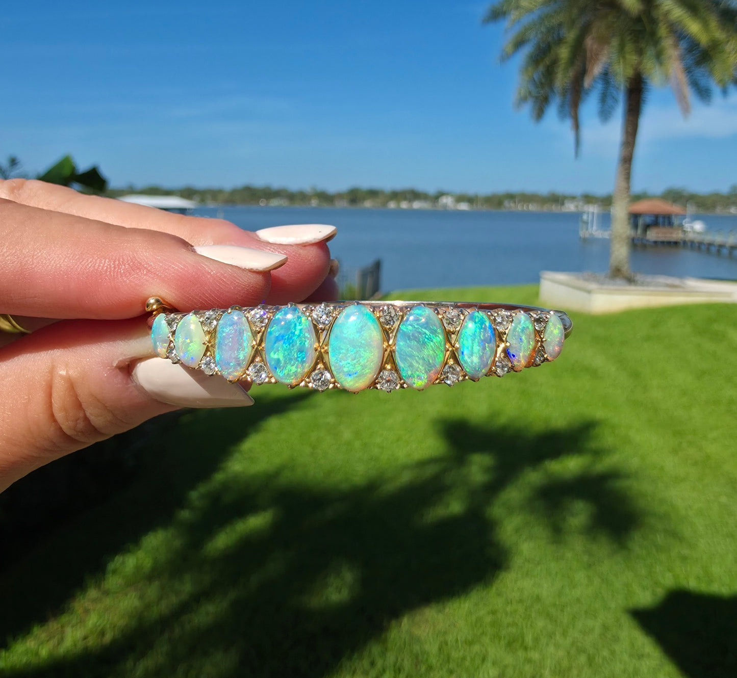 Vintage Australian Opal Bangle with Old cut Diamonds