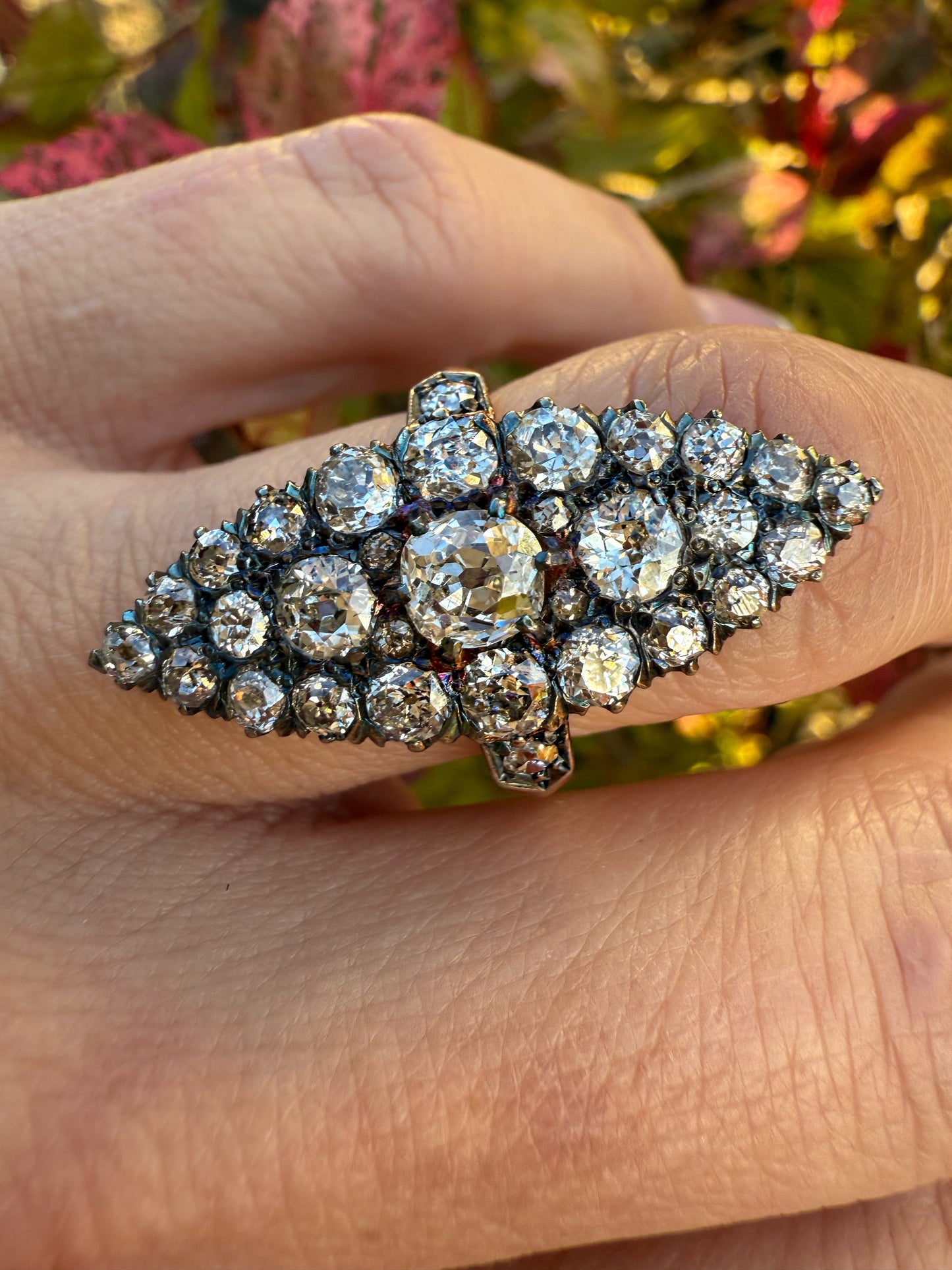 3.2 ct Old mine Diamond Navette Ring